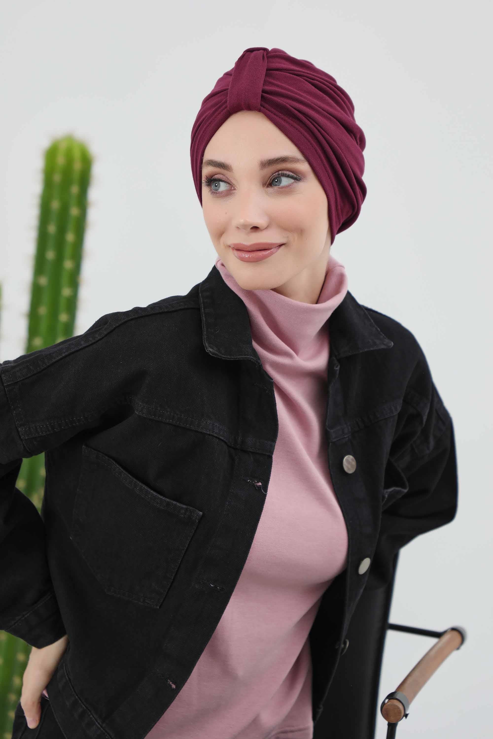 Cozy Stretch Ribbed Winter Turban for Cancer Patients, Easy-Wear Instant Turban Hijab, Soft Chemo Headscarf for Women,B-68RB Maroon