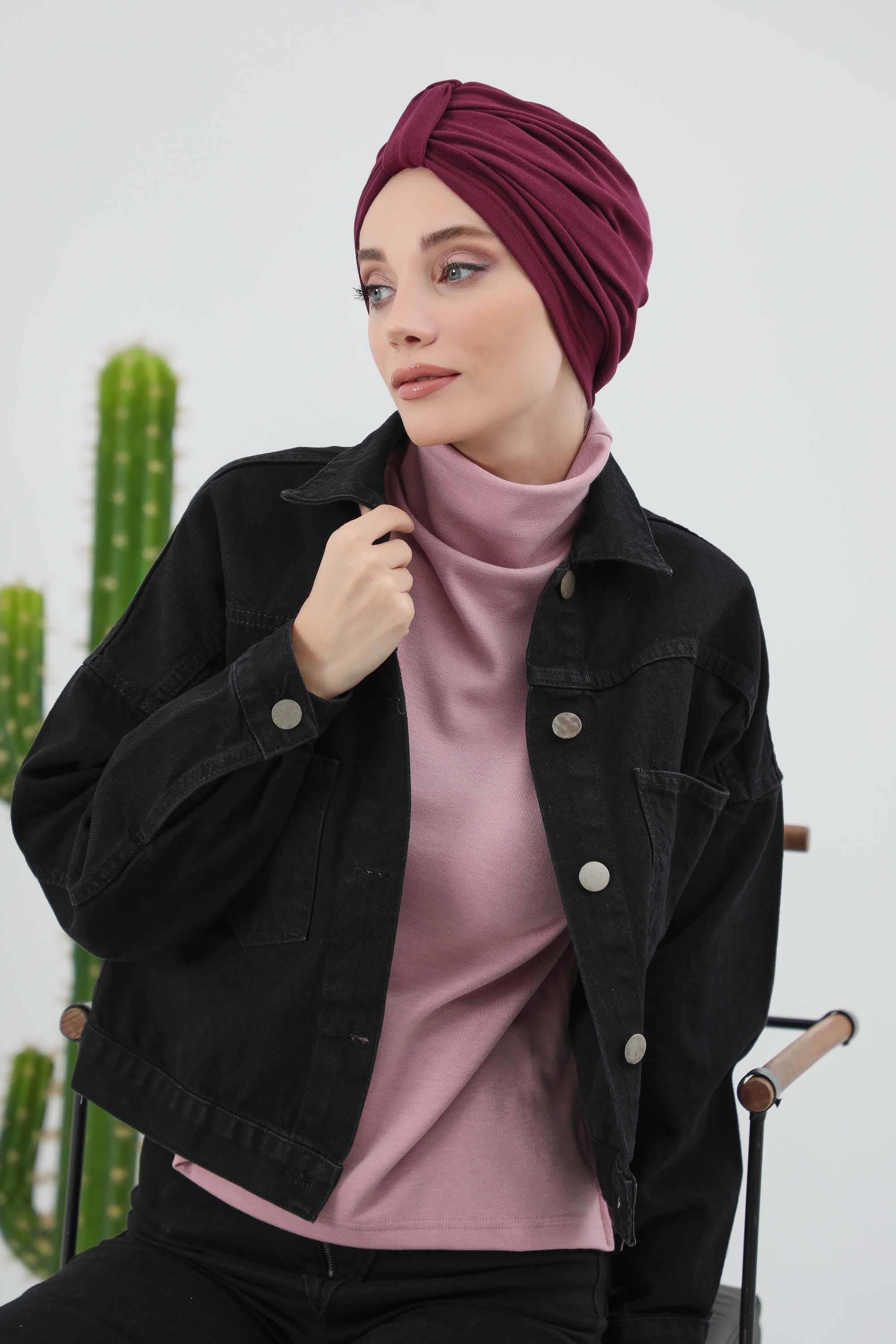 Cozy Stretch Ribbed Winter Turban for Cancer Patients, Easy-Wear Instant Turban Hijab, Soft Chemo Headscarf for Women,B-68RB Maroon