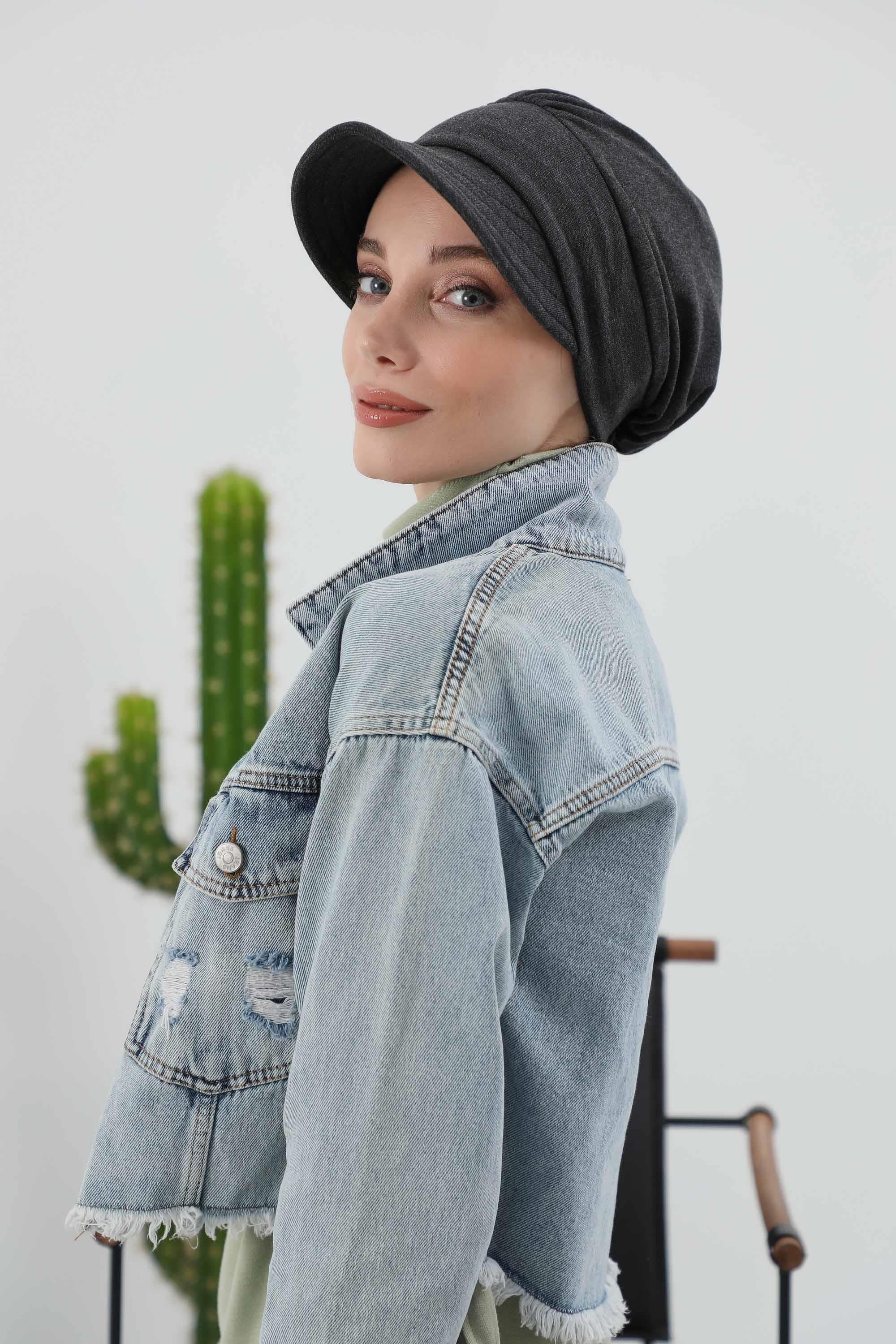 Chic Winter Visor Turban Hat for Women, Warm Ribbed Polyviscose Headwrap, Fashionable Polyviscose Headwrap for Winter,B-73RB Anthracite Melange