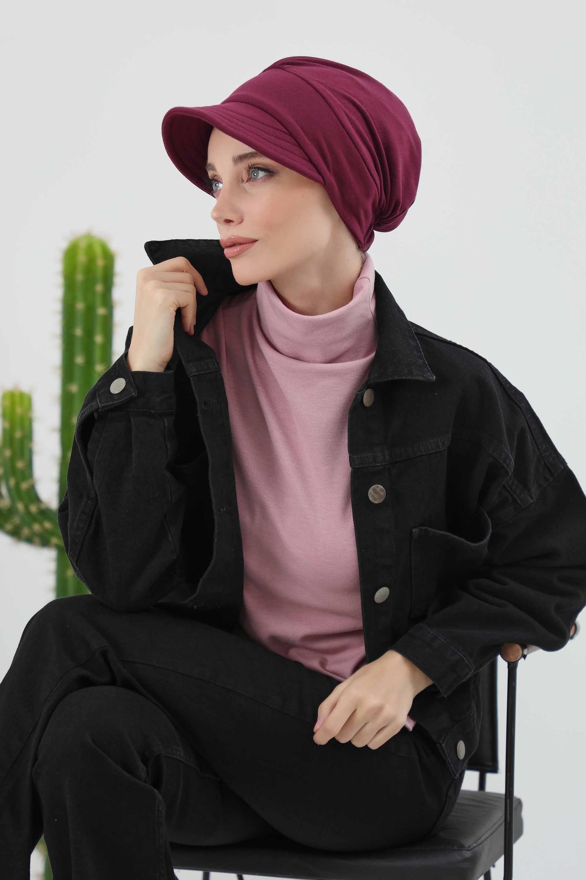 Chic Winter Visor Turban Hat for Women, Warm Ribbed Polyviscose Headwrap, Fashionable Polyviscose Headwrap for Winter,B-73RB Maroon