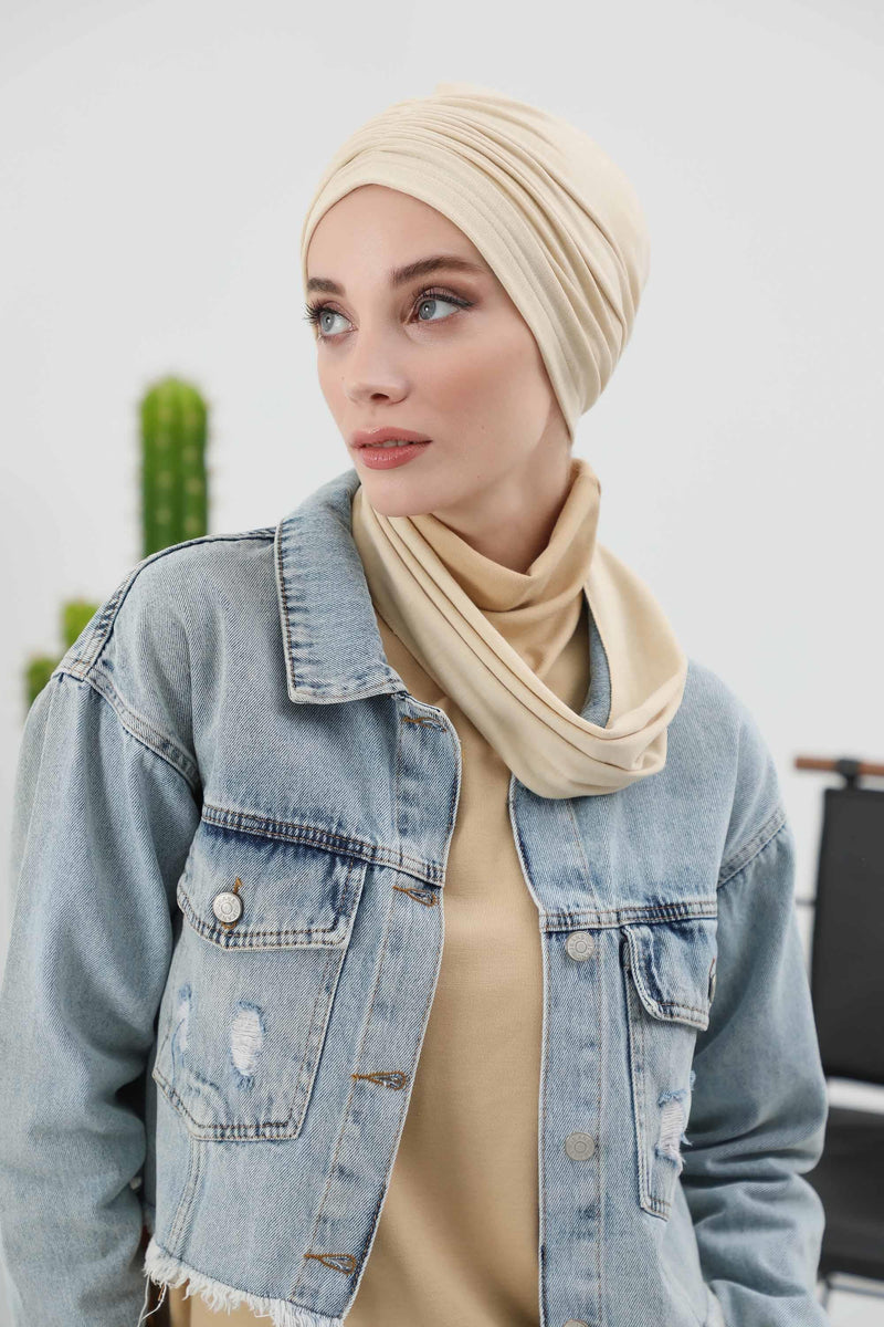 Seamless Winter Turban Bonnet with Integrated Scarf, Cozy Ribbed Headwrap for Women, Stylish Instant Turban Bonnet for Women,B-81RB