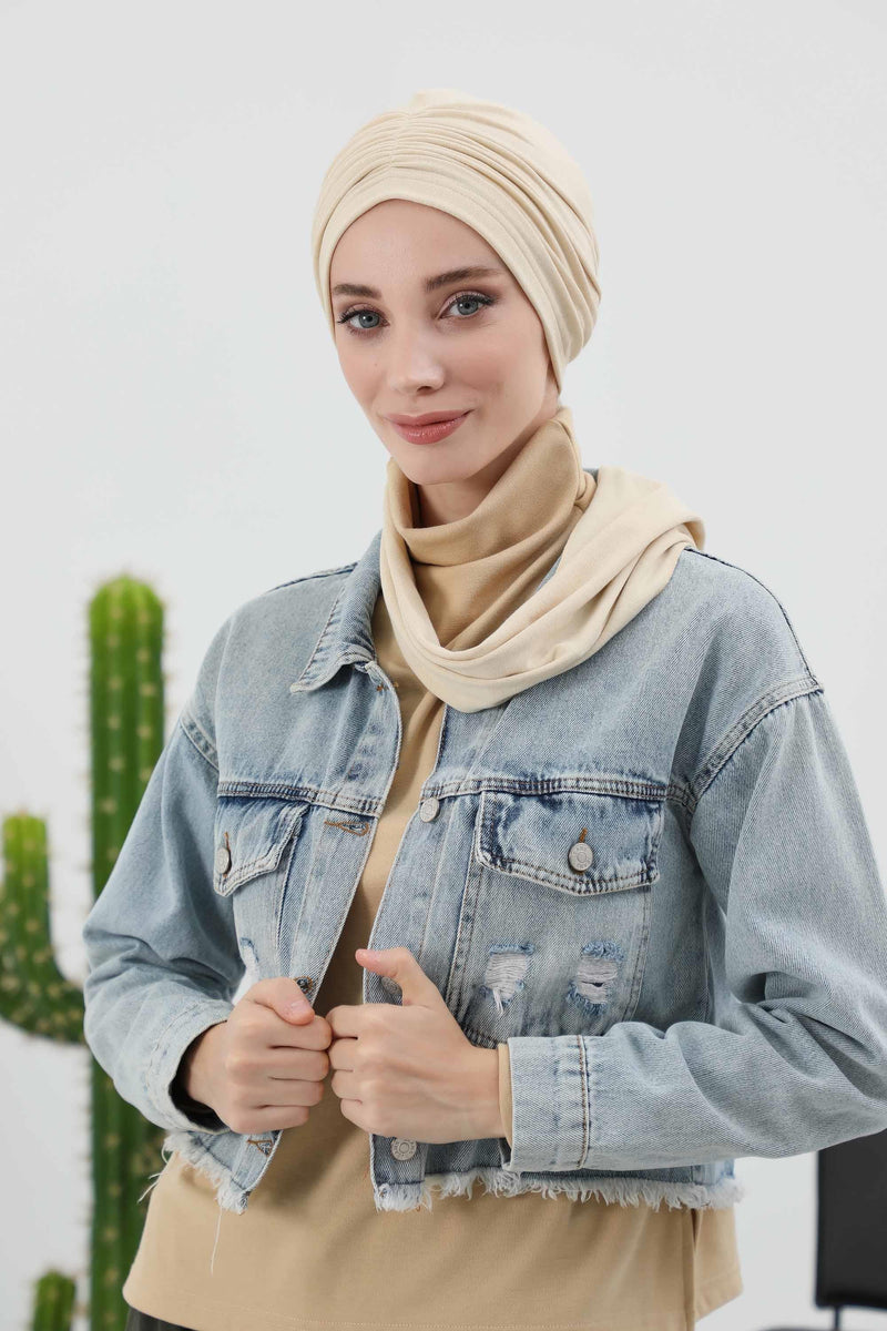 Seamless Winter Turban Bonnet with Integrated Scarf, Cozy Ribbed Headwrap for Women, Stylish Instant Turban Bonnet for Women,B-81RB