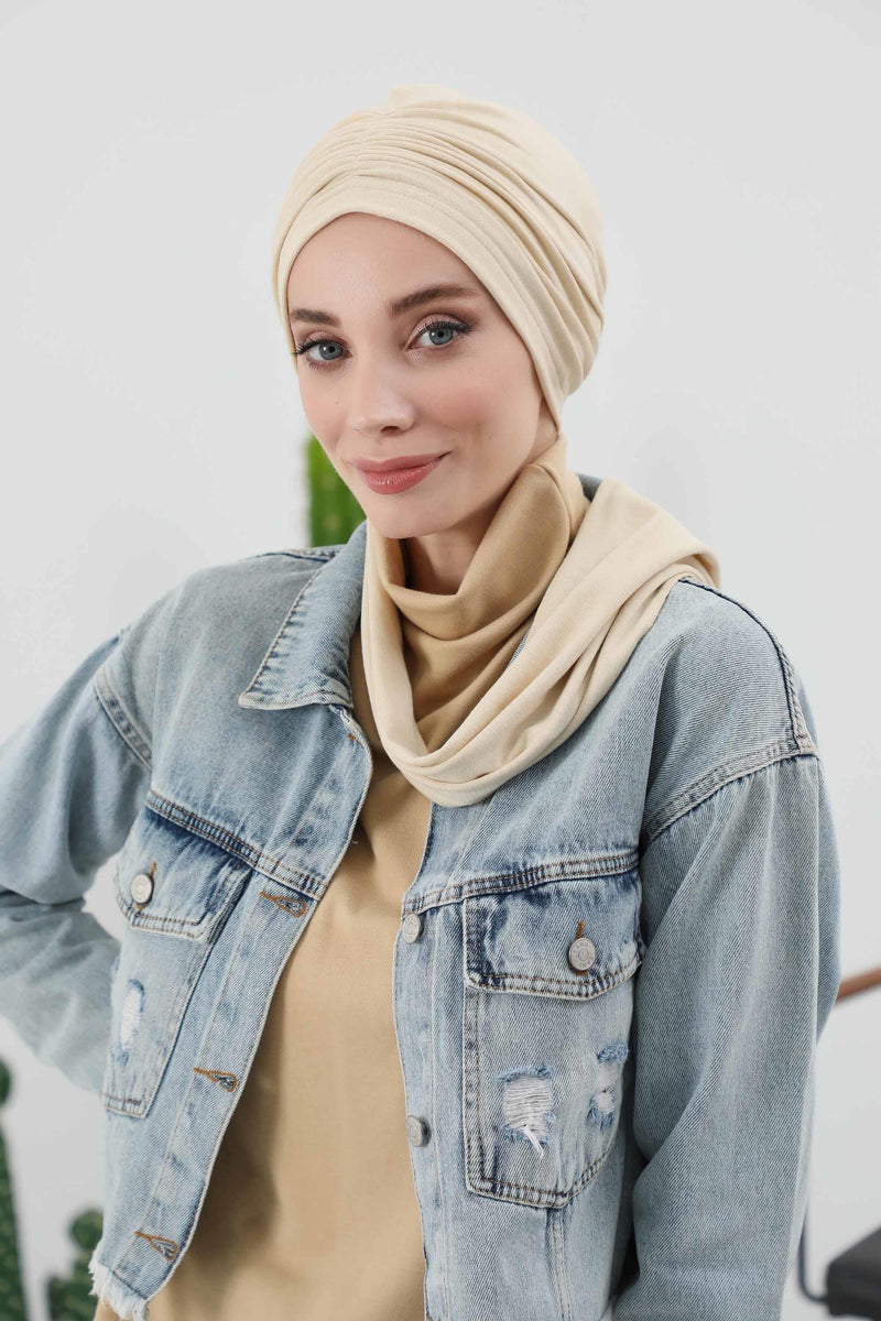 Seamless Winter Turban Bonnet with Integrated Scarf, Cozy Ribbed Headwrap for Women, Stylish Instant Turban Bonnet for Women,B-81RB