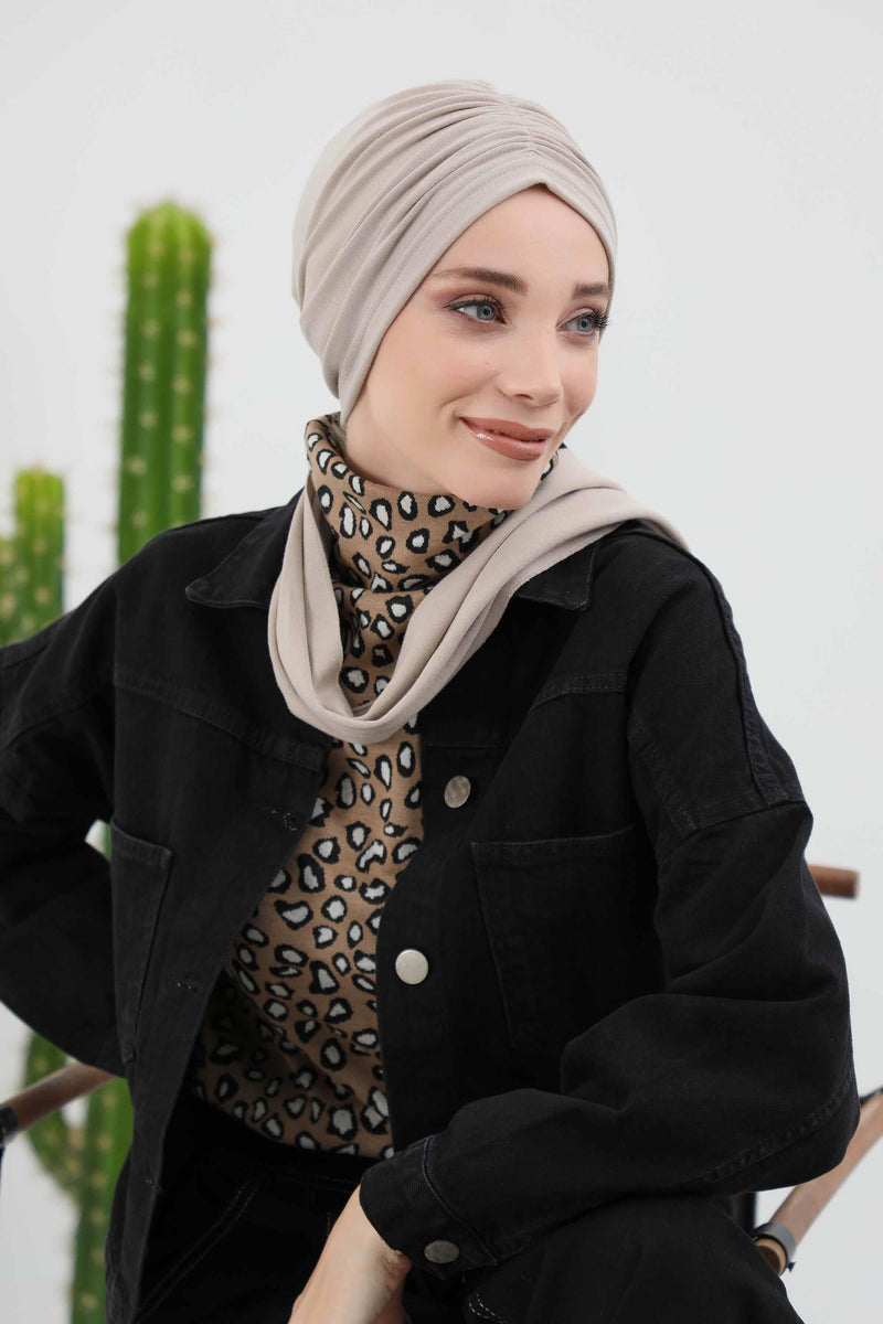 Seamless Winter Turban Bonnet with Integrated Scarf, Cozy Ribbed Headwrap for Women, Stylish Instant Turban Bonnet for Women,B-81RB