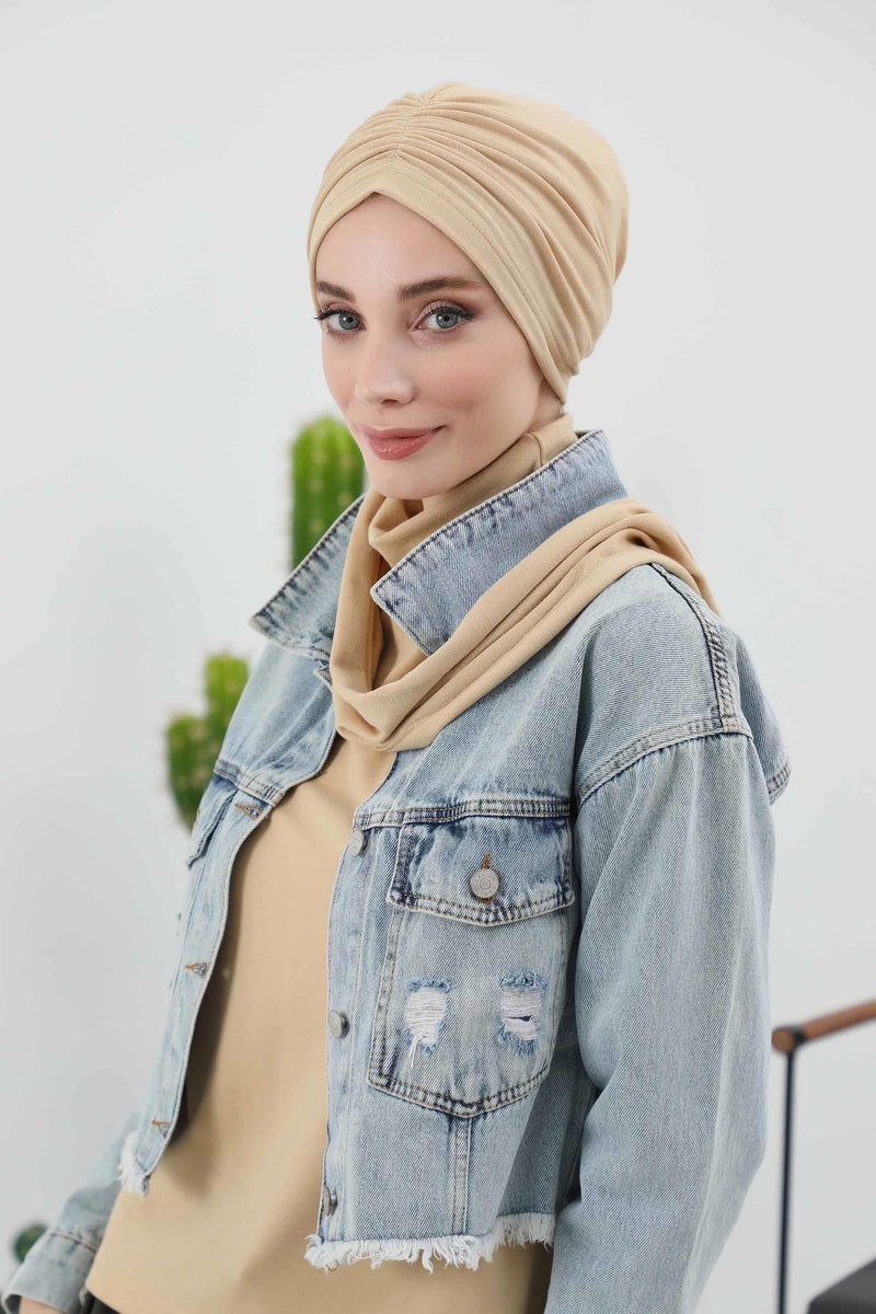 Seamless Winter Turban Bonnet with Integrated Scarf, Cozy Ribbed Headwrap for Women, Stylish Instant Turban Bonnet for Women,B-81RB