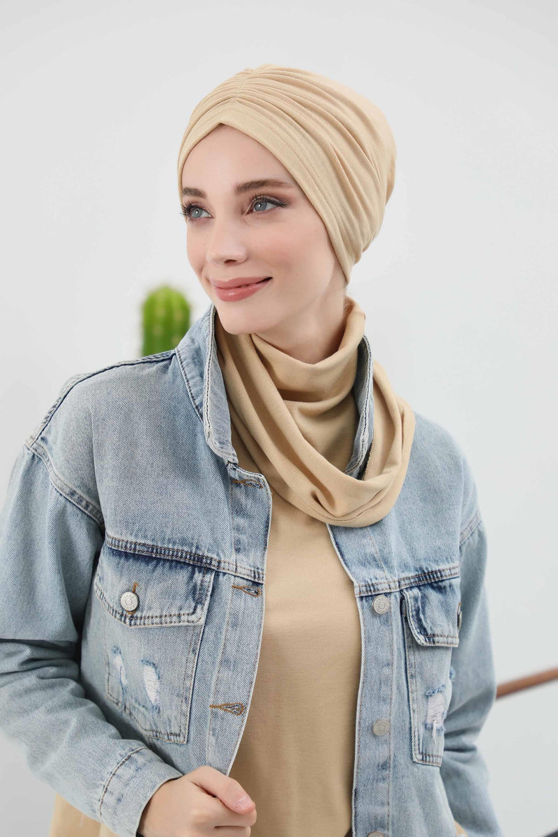 Seamless Winter Turban Bonnet with Integrated Scarf, Cozy Ribbed Headwrap for Women, Stylish Instant Turban Bonnet for Women,B-81RB