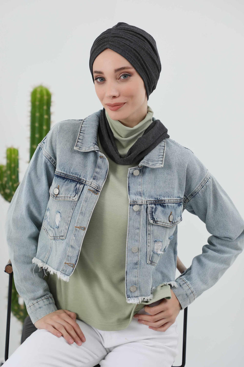 Seamless Winter Turban Bonnet with Integrated Scarf, Cozy Ribbed Headwrap for Women, Stylish Instant Turban Bonnet for Women,B-81RB