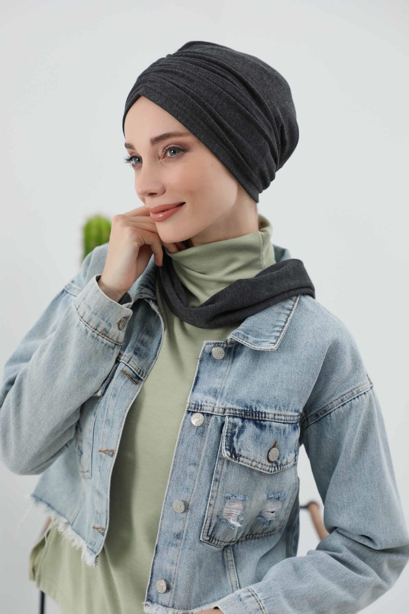 Seamless Winter Turban Bonnet with Integrated Scarf, Cozy Ribbed Headwrap for Women, Stylish Instant Turban Bonnet for Women,B-81RB