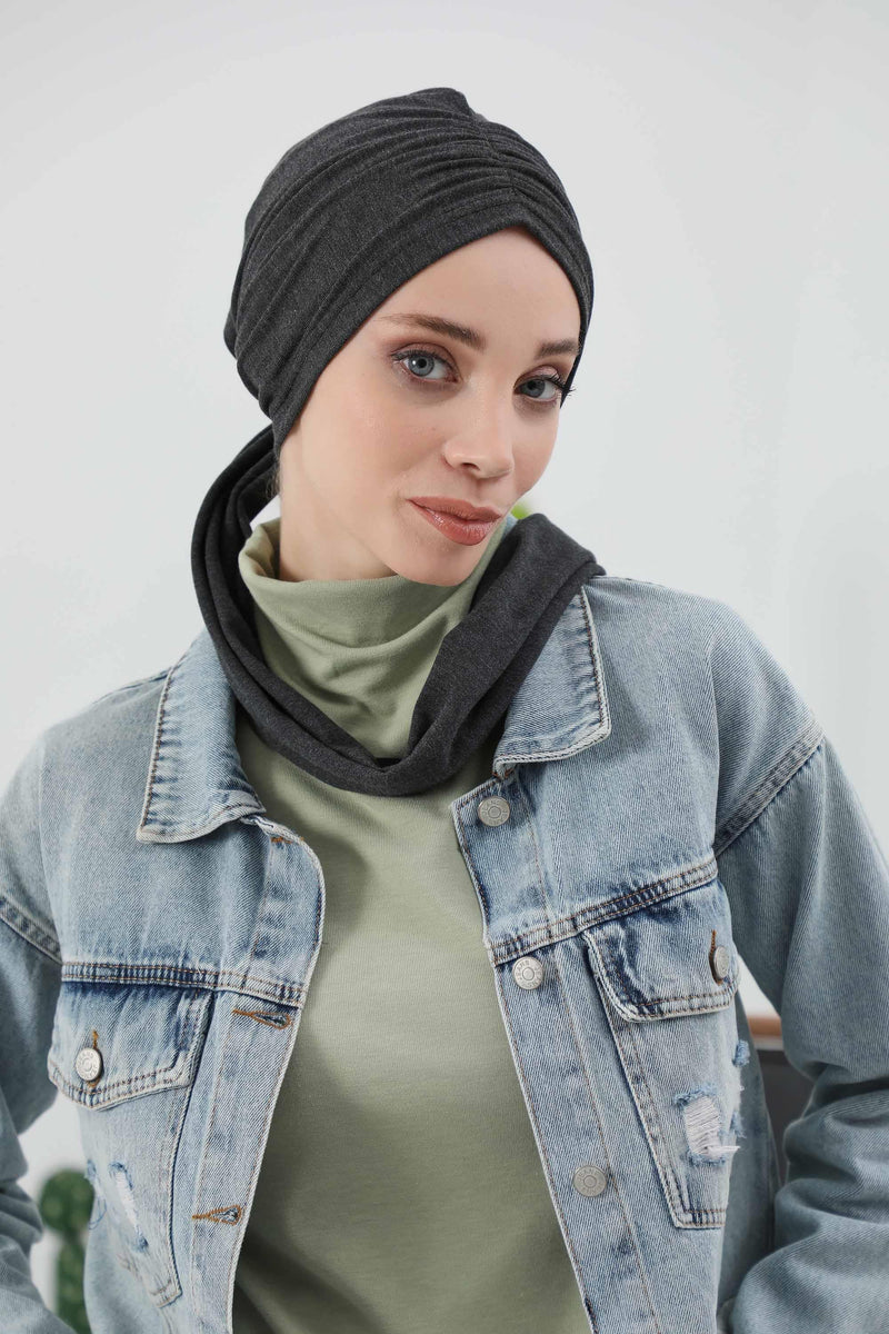 Seamless Winter Turban Bonnet with Integrated Scarf, Cozy Ribbed Headwrap for Women, Stylish Instant Turban Bonnet for Women,B-81RB