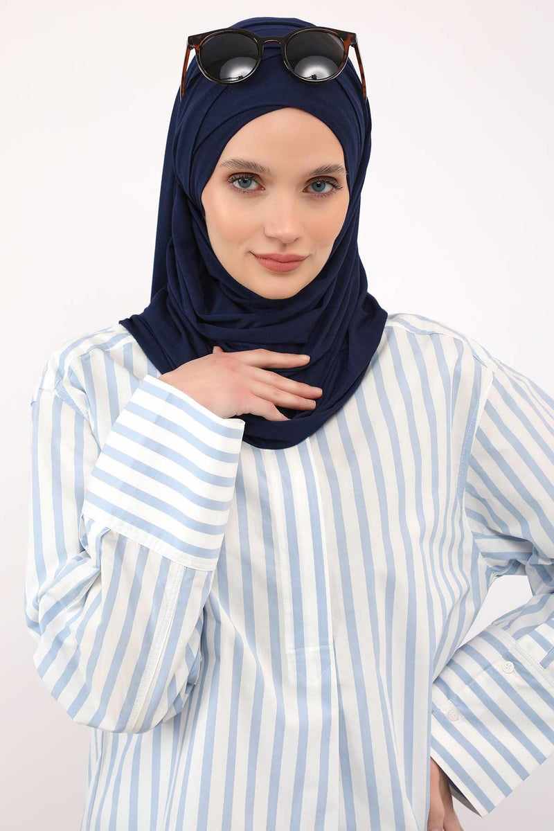 95% Cotton Adjustable Hijab Shawl, Easy to Wear Shawl Head Scarf for Women for Everyday Elegance, Instant Shawl for Modest Fashion,CPS-31 Navy Blue