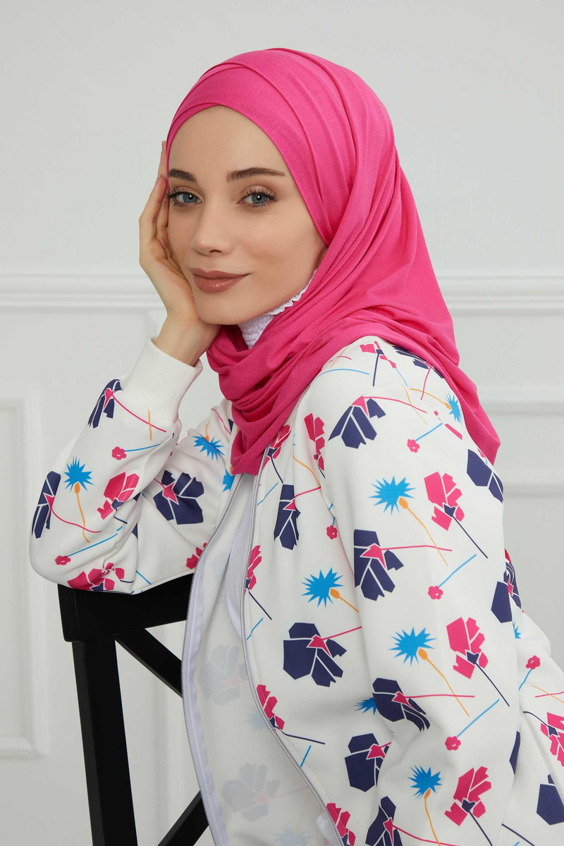 95% Cotton Adjustable Hijab Shawl, Easy to Wear Shawl Head Scarf for Women for Everyday Elegance, Instant Shawl for Modest Fashion,CPS-31 Fuchsia