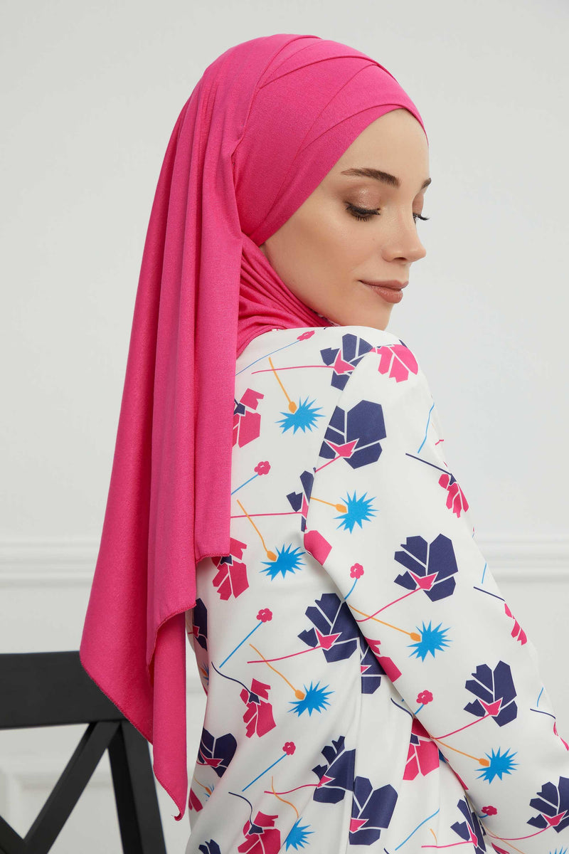95% Cotton Adjustable Hijab Shawl, Easy to Wear Shawl Head Scarf for Women for Everyday Elegance, Instant Shawl for Modest Fashion,CPS-31 Fuchsia