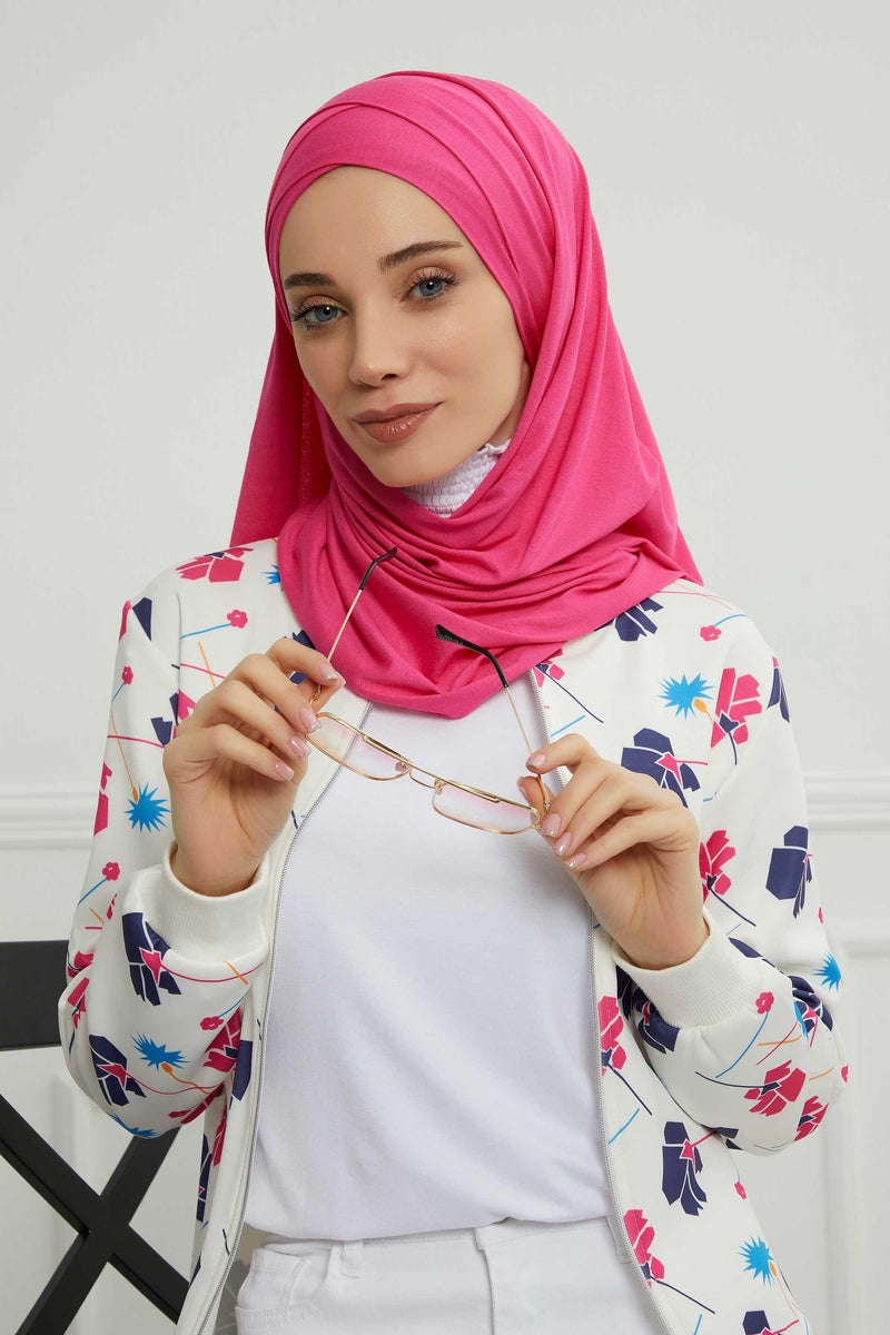 95% Cotton Adjustable Hijab Shawl, Easy to Wear Shawl Head Scarf for Women for Everyday Elegance, Instant Shawl for Modest Fashion,CPS-31 Fuchsia
