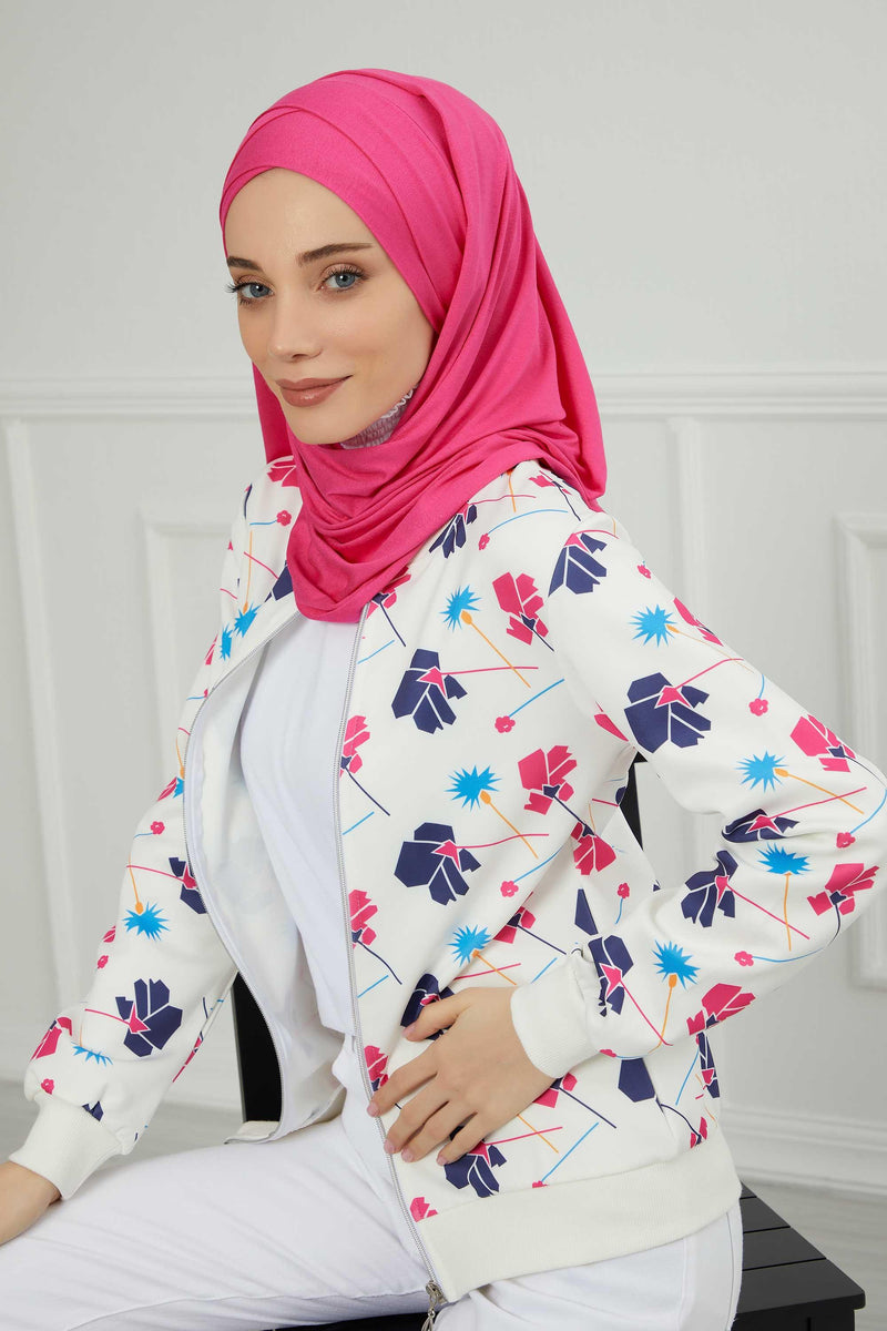 95% Cotton Adjustable Hijab Shawl, Easy to Wear Shawl Head Scarf for Women for Everyday Elegance, Instant Shawl for Modest Fashion,CPS-31 Fuchsia