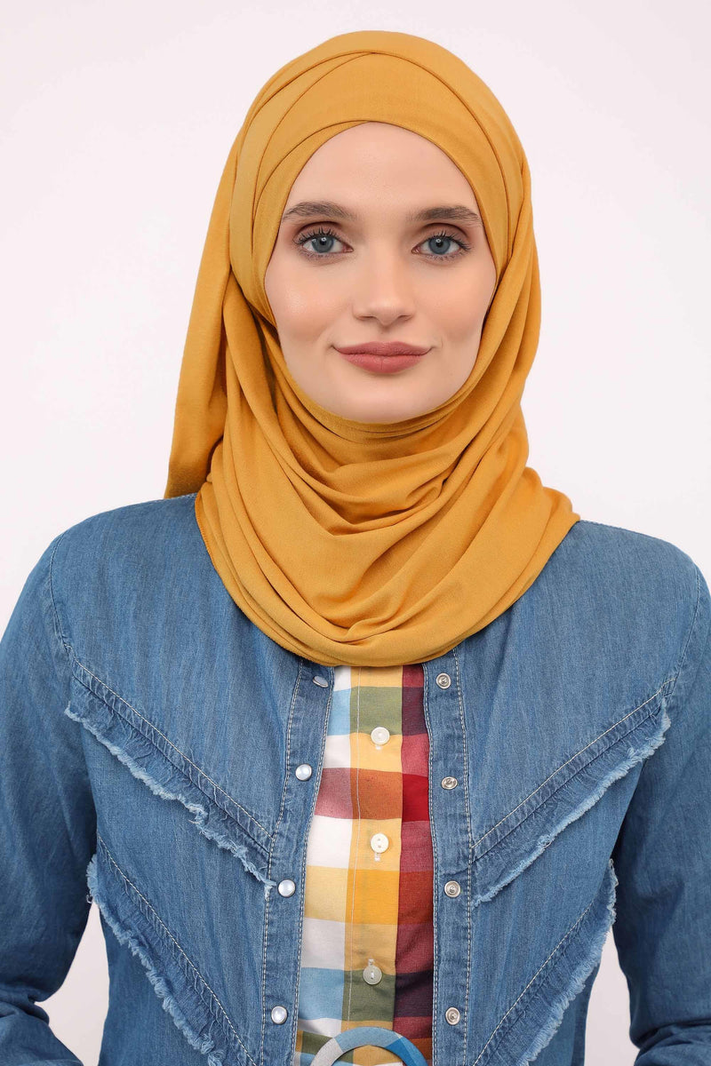 95% Cotton Adjustable Hijab Shawl, Easy to Wear Shawl Head Scarf for Women for Everyday Elegance, Instant Shawl for Modest Fashion,CPS-31 Mustard Yellow