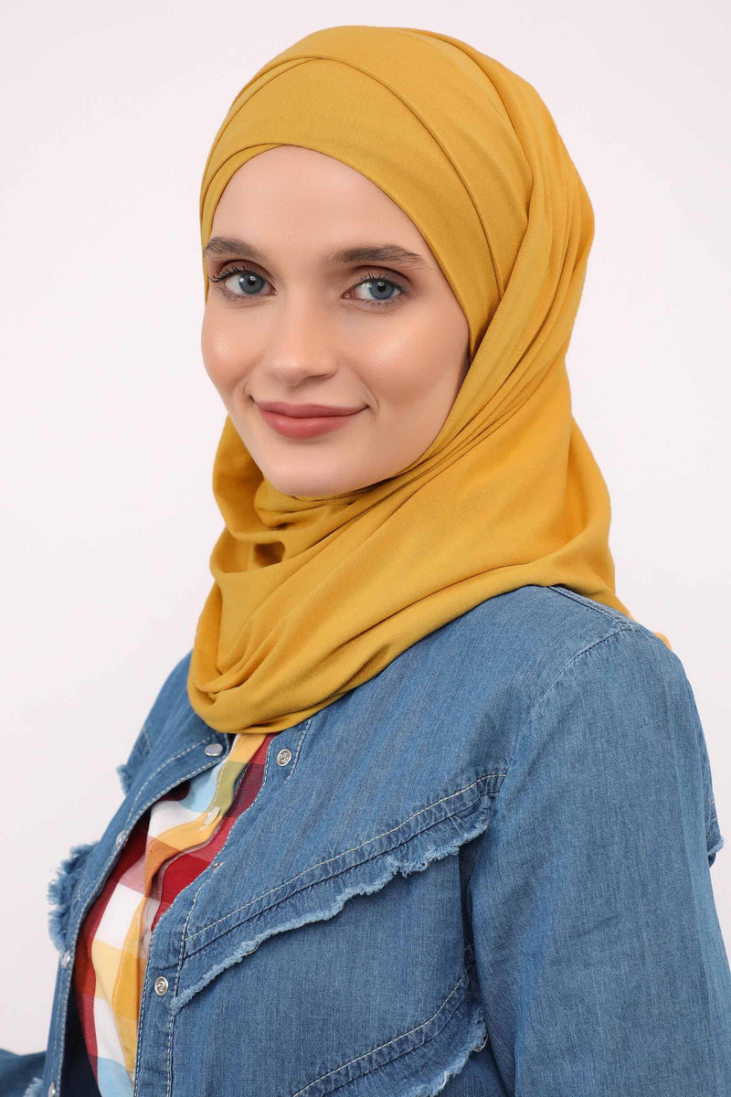 95% Cotton Adjustable Hijab Shawl, Easy to Wear Shawl Head Scarf for Women for Everyday Elegance, Instant Shawl for Modest Fashion,CPS-31 Mustard Yellow