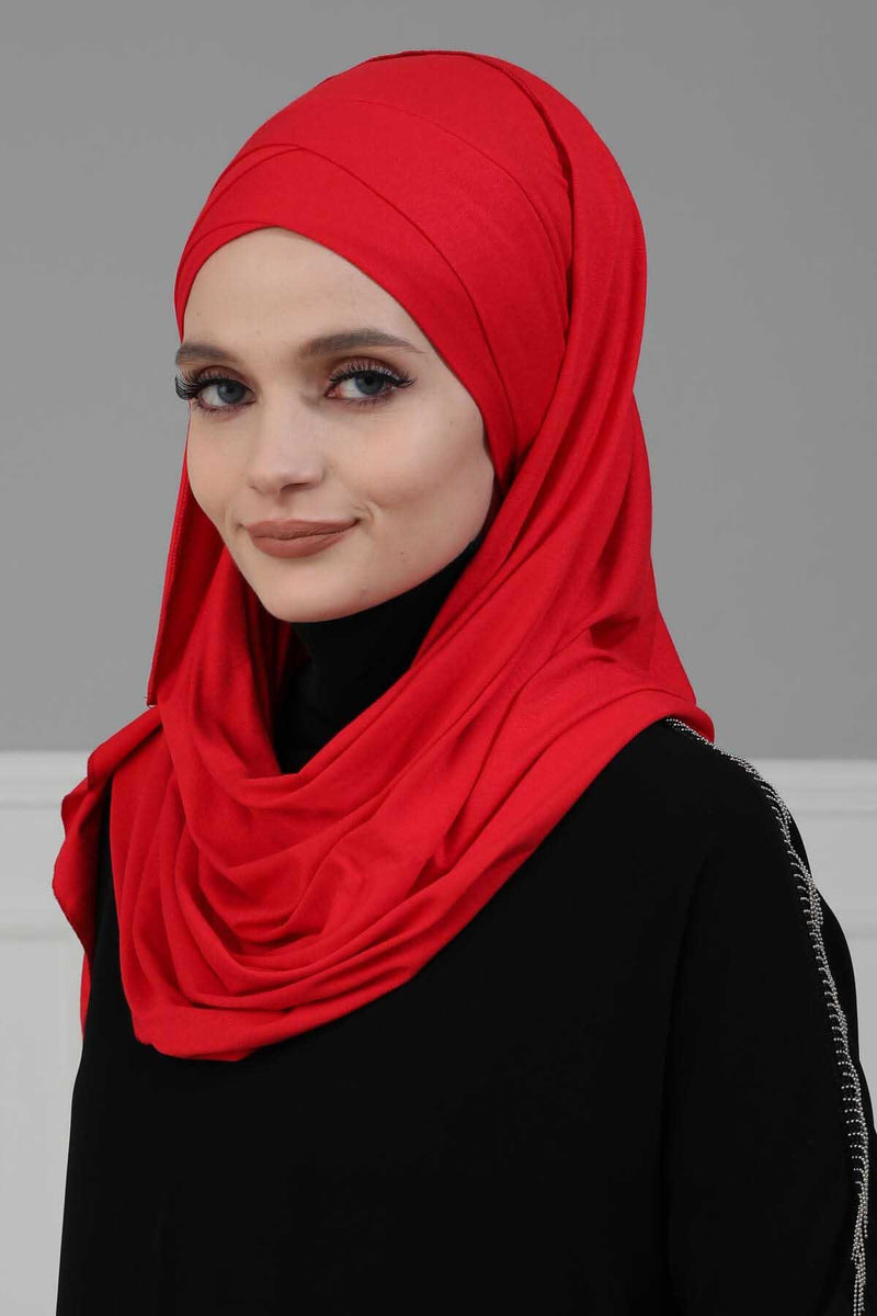95% Cotton Adjustable Hijab Shawl, Easy to Wear Shawl Head Scarf for Women for Everyday Elegance, Instant Shawl for Modest Fashion,CPS-31 Red