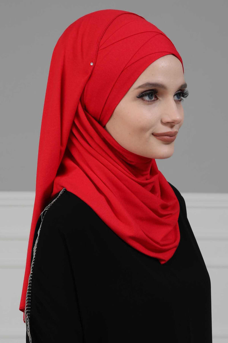 95% Cotton Adjustable Hijab Shawl, Easy to Wear Shawl Head Scarf for Women for Everyday Elegance, Instant Shawl for Modest Fashion,CPS-31 Red