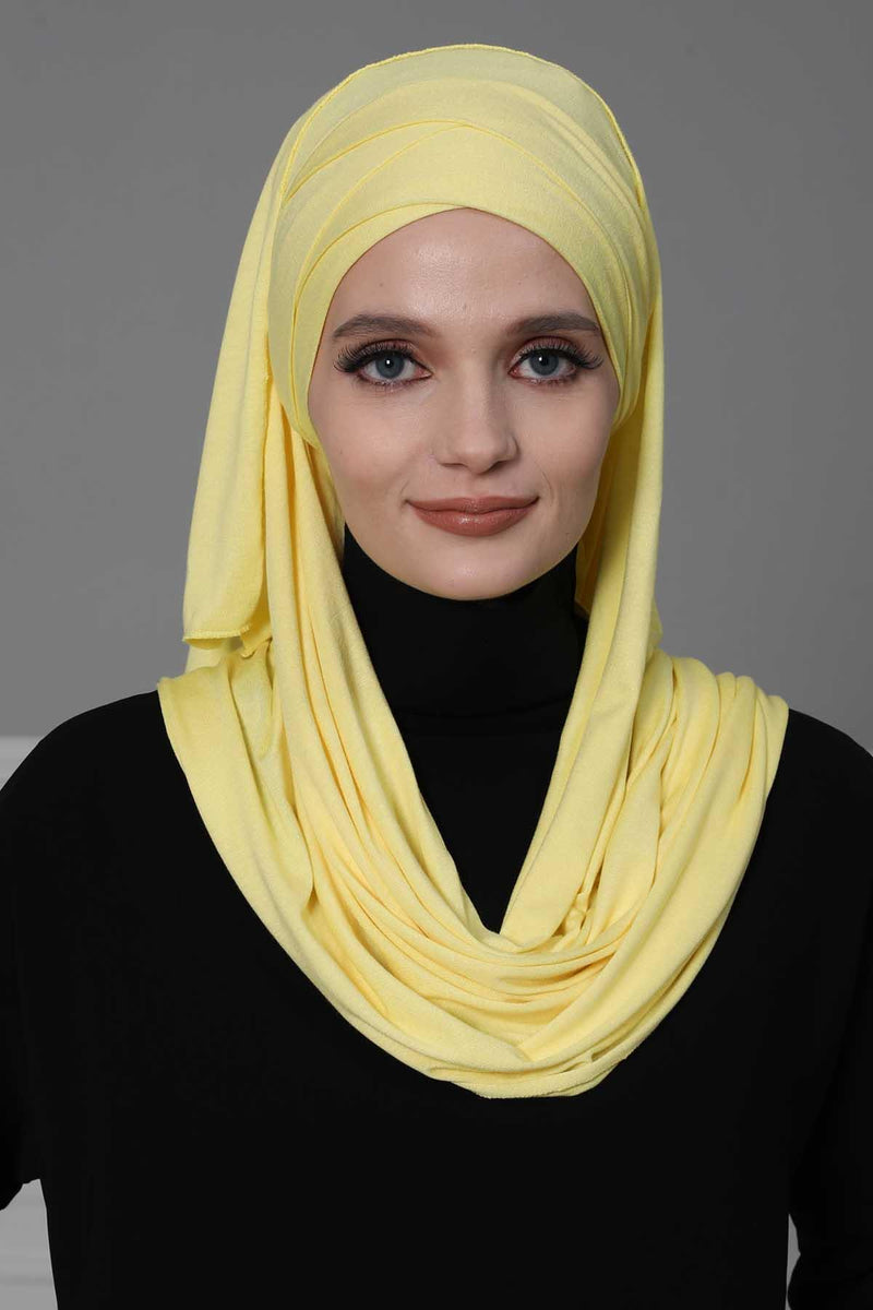 95% Cotton Adjustable Hijab Shawl, Easy to Wear Shawl Head Scarf for Women for Everyday Elegance, Instant Shawl for Modest Fashion,CPS-31 Yellow