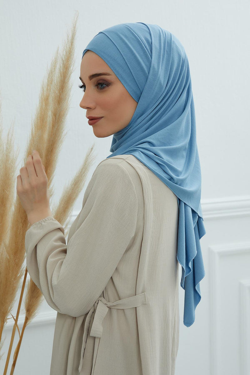 95% Cotton Adjustable Hijab Shawl, Easy to Wear Shawl Head Scarf for Women for Everyday Elegance, Instant Shawl for Modest Fashion,CPS-31 Blue