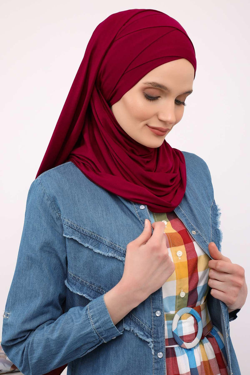95% Cotton Adjustable Hijab Shawl, Easy to Wear Shawl Head Scarf for Women for Everyday Elegance, Instant Shawl for Modest Fashion,CPS-31 Maroon