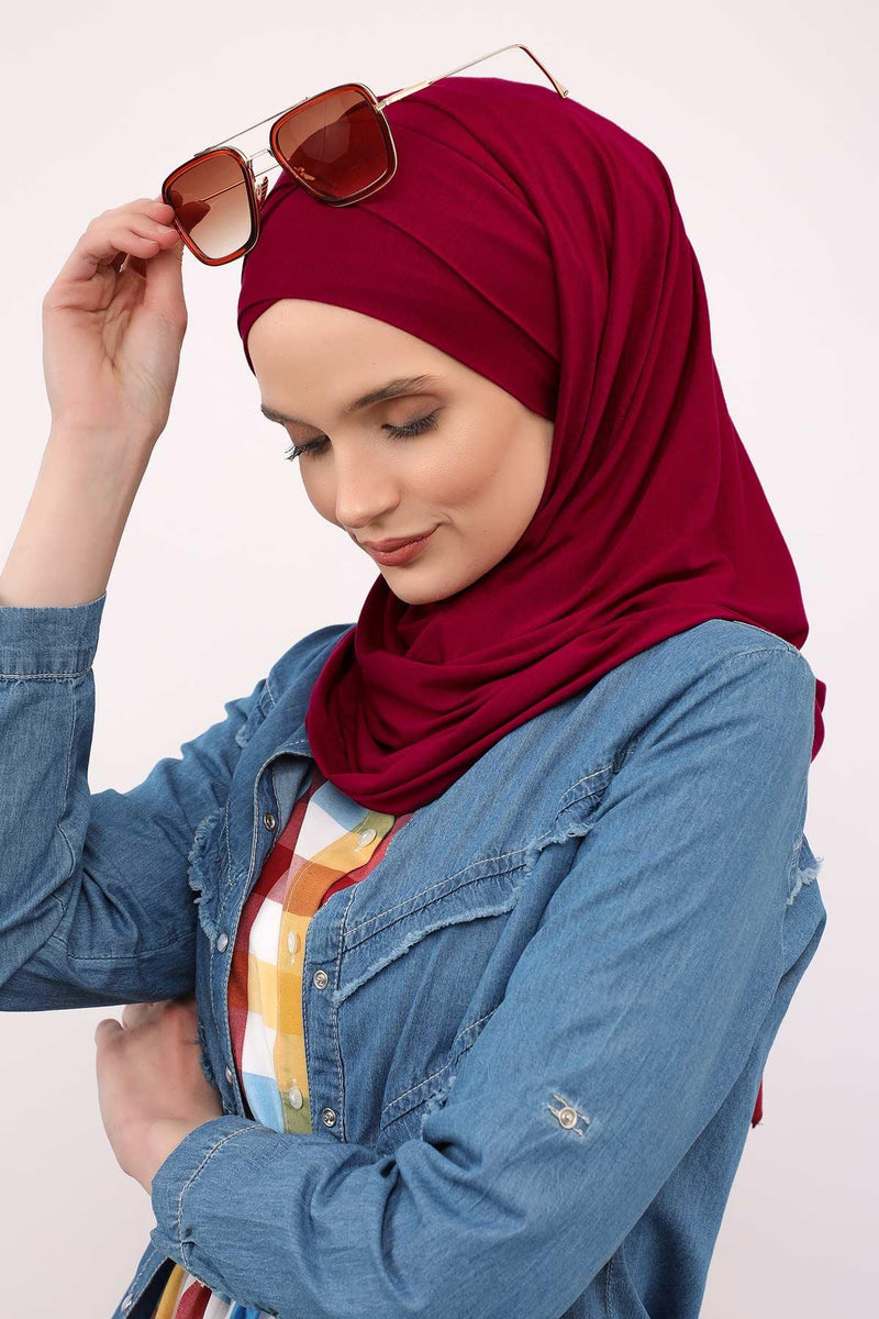 95% Cotton Adjustable Hijab Shawl, Easy to Wear Shawl Head Scarf for Women for Everyday Elegance, Instant Shawl for Modest Fashion,CPS-31 Maroon