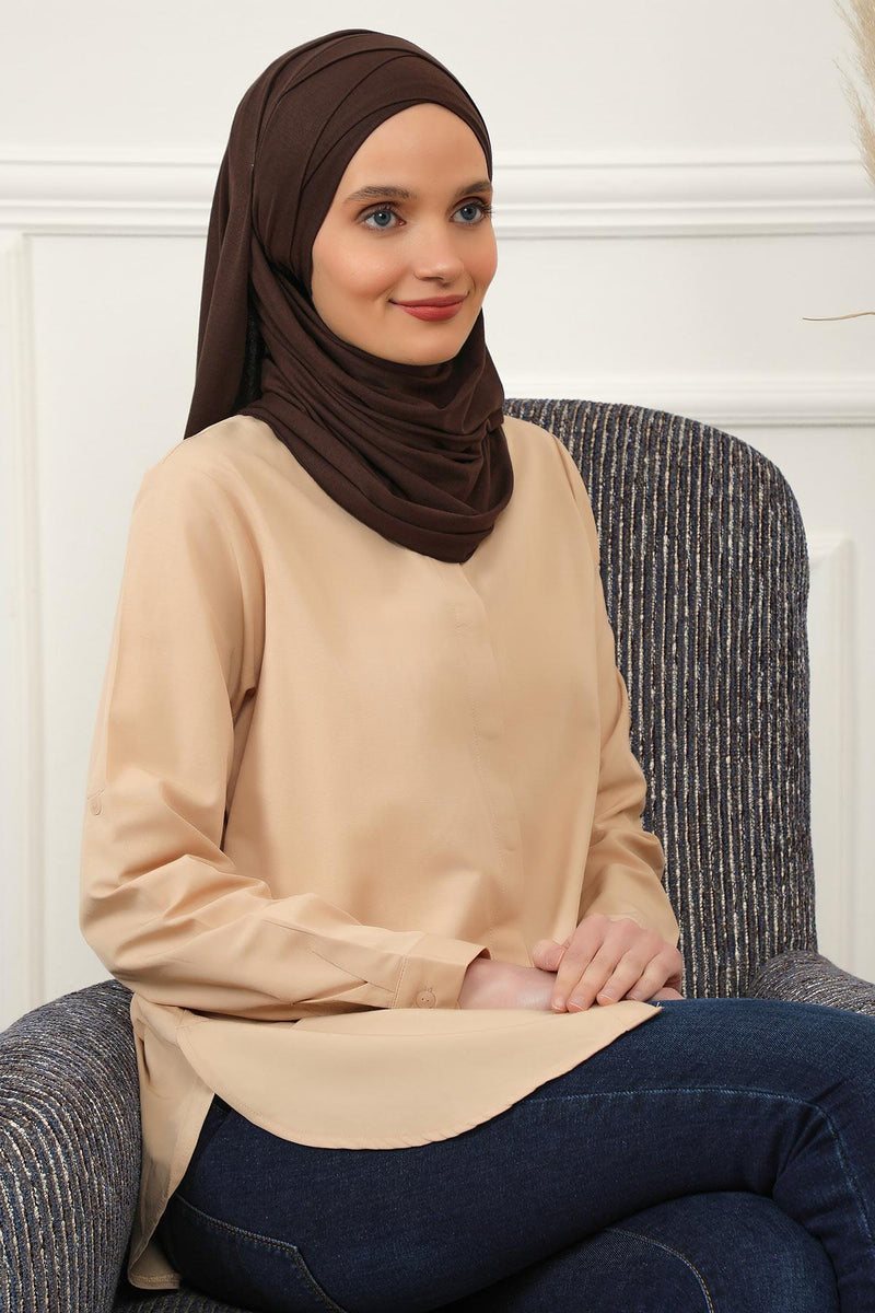 95% Cotton Adjustable Hijab Shawl, Easy to Wear Shawl Head Scarf for Women for Everyday Elegance, Instant Shawl for Modest Fashion,CPS-31 Brown