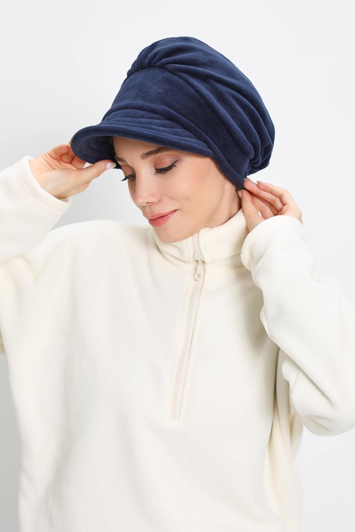 Women's Winter Fleece Visor Cap Turban, Visored Fleece Turban Hat for Women, Warm and Elegant Winter Cap,B-73PL Navy Blue