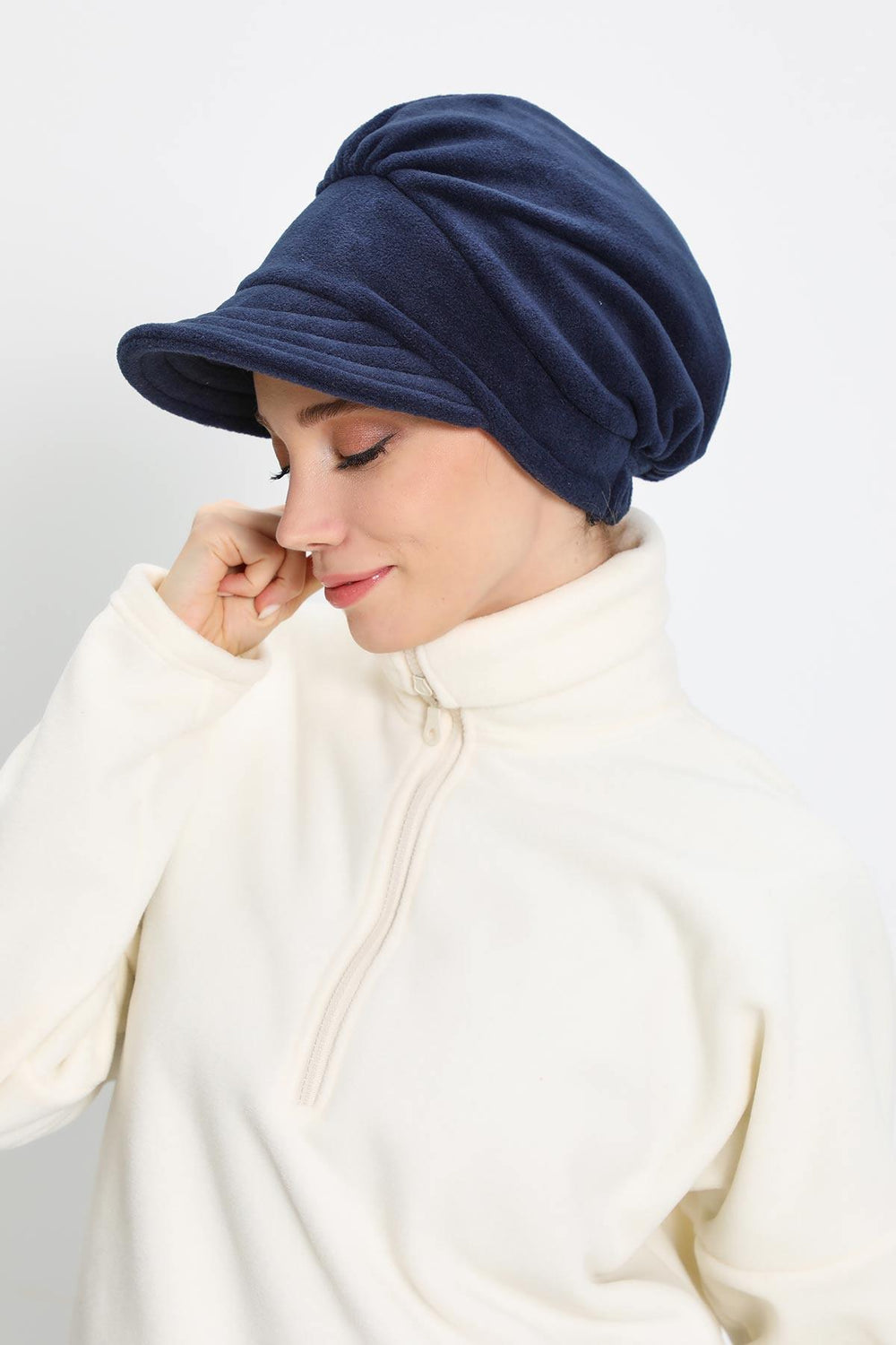 Women's Winter Fleece Visor Cap Turban, Visored Fleece Turban Hat for Women, Warm and Elegant Winter Cap,B-73PL Navy Blue