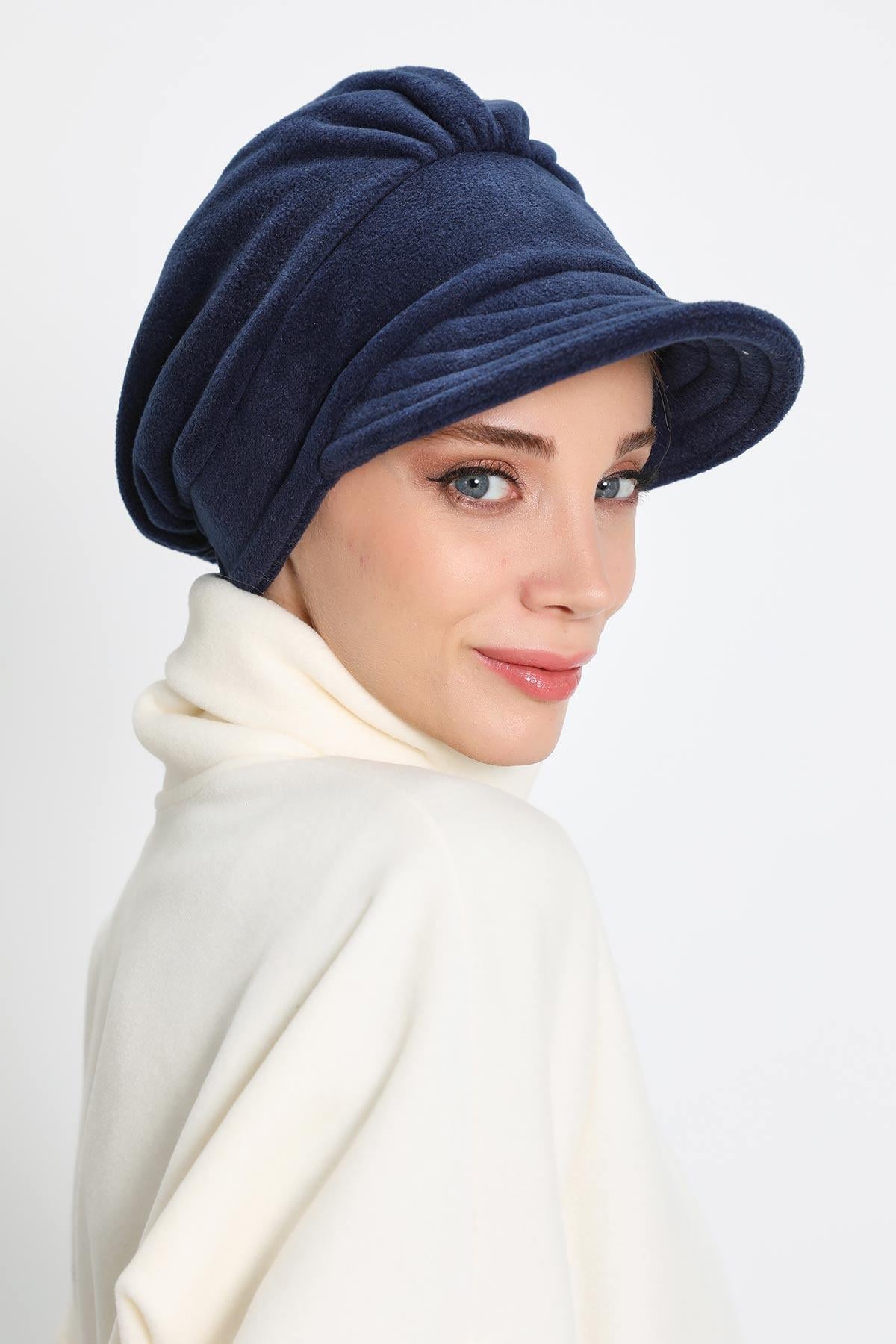 Women's Winter Fleece Visor Cap Turban, Visored Fleece Turban Hat for Women, Warm and Elegant Winter Cap,B-73PL Navy Blue
