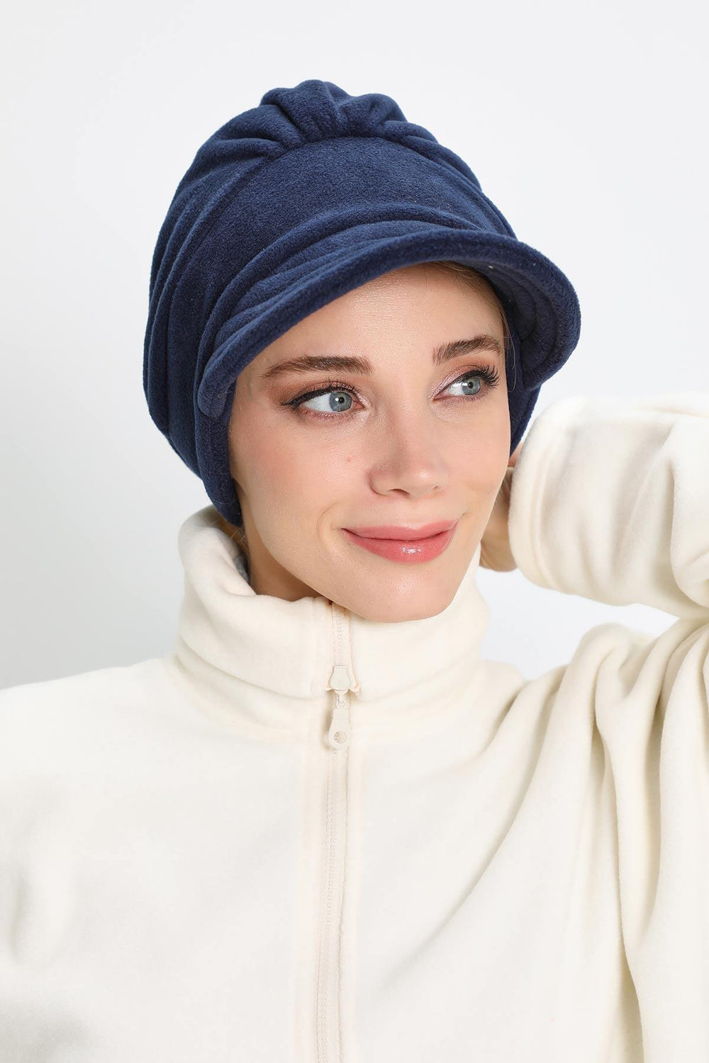 Women's Winter Fleece Visor Cap Turban, Visored Fleece Turban Hat for Women, Warm and Elegant Winter Cap,B-73PL Navy Blue