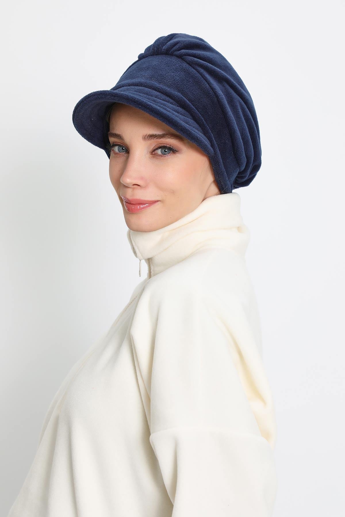 Women's Winter Fleece Visor Cap Turban, Visored Fleece Turban Hat for Women, Warm and Elegant Winter Cap,B-73PL Navy Blue