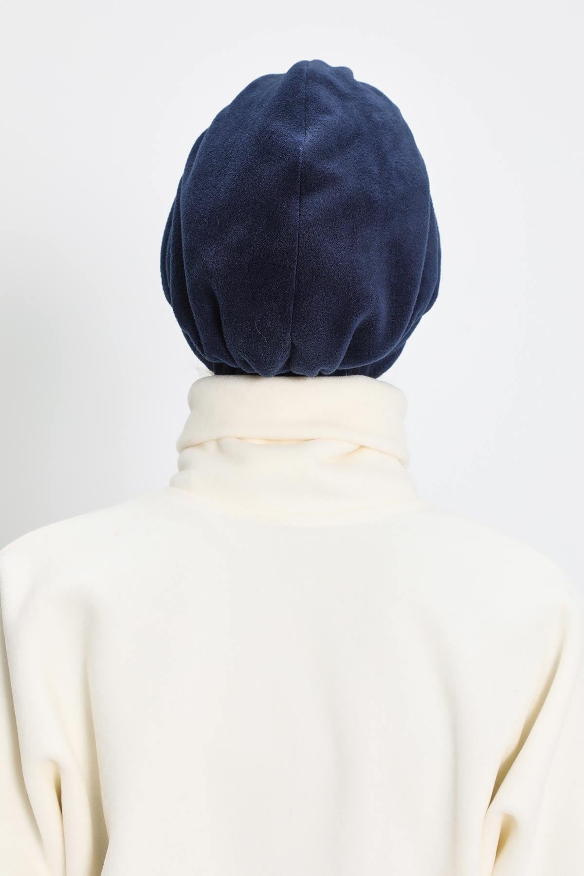 Women's Winter Fleece Visor Cap Turban, Visored Fleece Turban Hat for Women, Warm and Elegant Winter Cap,B-73PL Navy Blue
