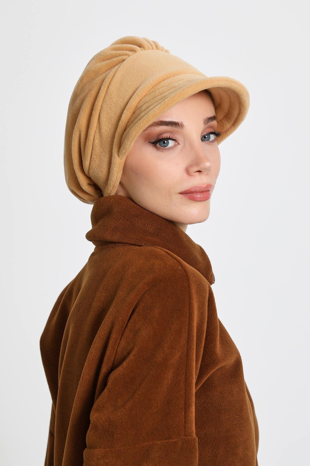 Women's Winter Fleece Visor Cap Turban, Visored Fleece Turban Hat for Women, Warm and Elegant Winter Cap,B-73PL Camel Beige