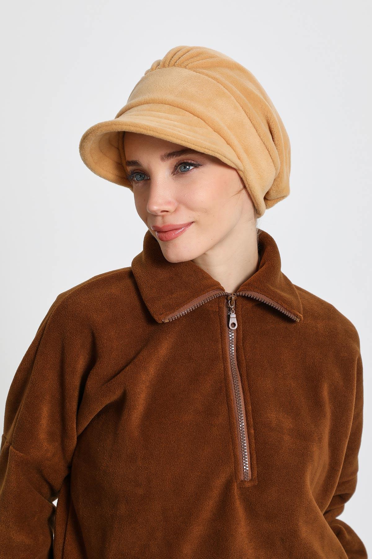 Women's Winter Fleece Visor Cap Turban, Visored Fleece Turban Hat for Women, Warm and Elegant Winter Cap,B-73PL Camel Beige