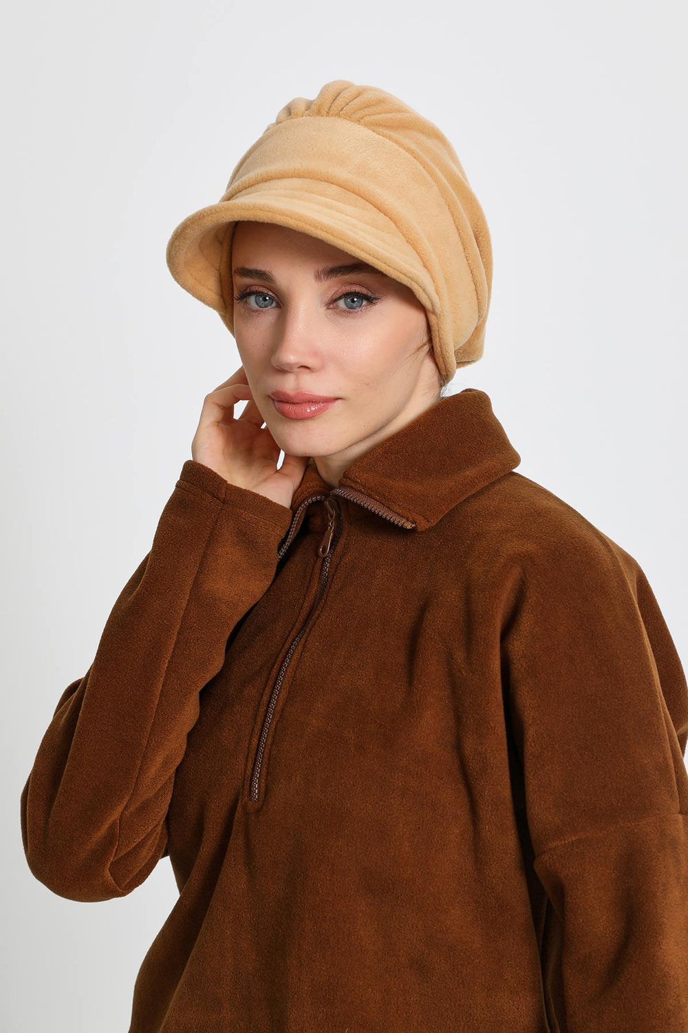 Women's Winter Fleece Visor Cap Turban, Visored Fleece Turban Hat for Women, Warm and Elegant Winter Cap,B-73PL Camel Beige