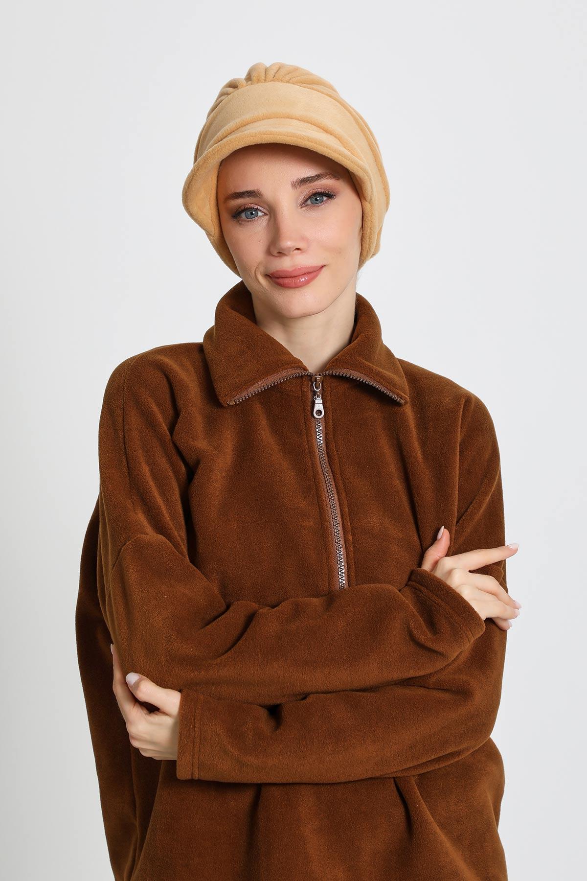 Women's Winter Fleece Visor Cap Turban, Visored Fleece Turban Hat for Women, Warm and Elegant Winter Cap,B-73PL Camel Beige