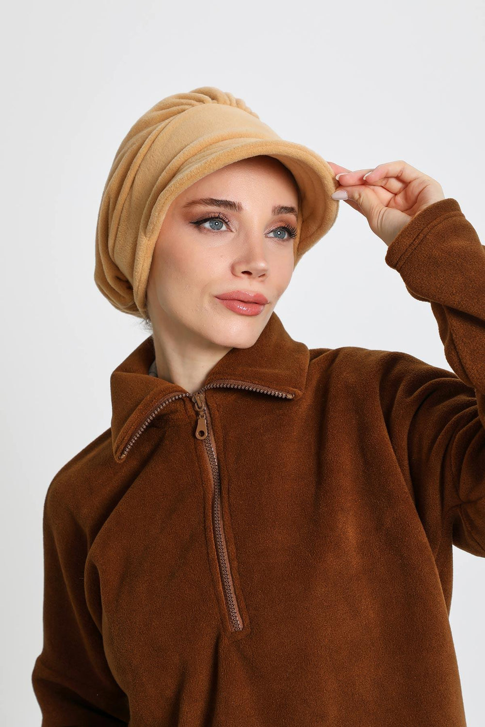 Women's Winter Fleece Visor Cap Turban, Visored Fleece Turban Hat for Women, Warm and Elegant Winter Cap,B-73PL Camel Beige