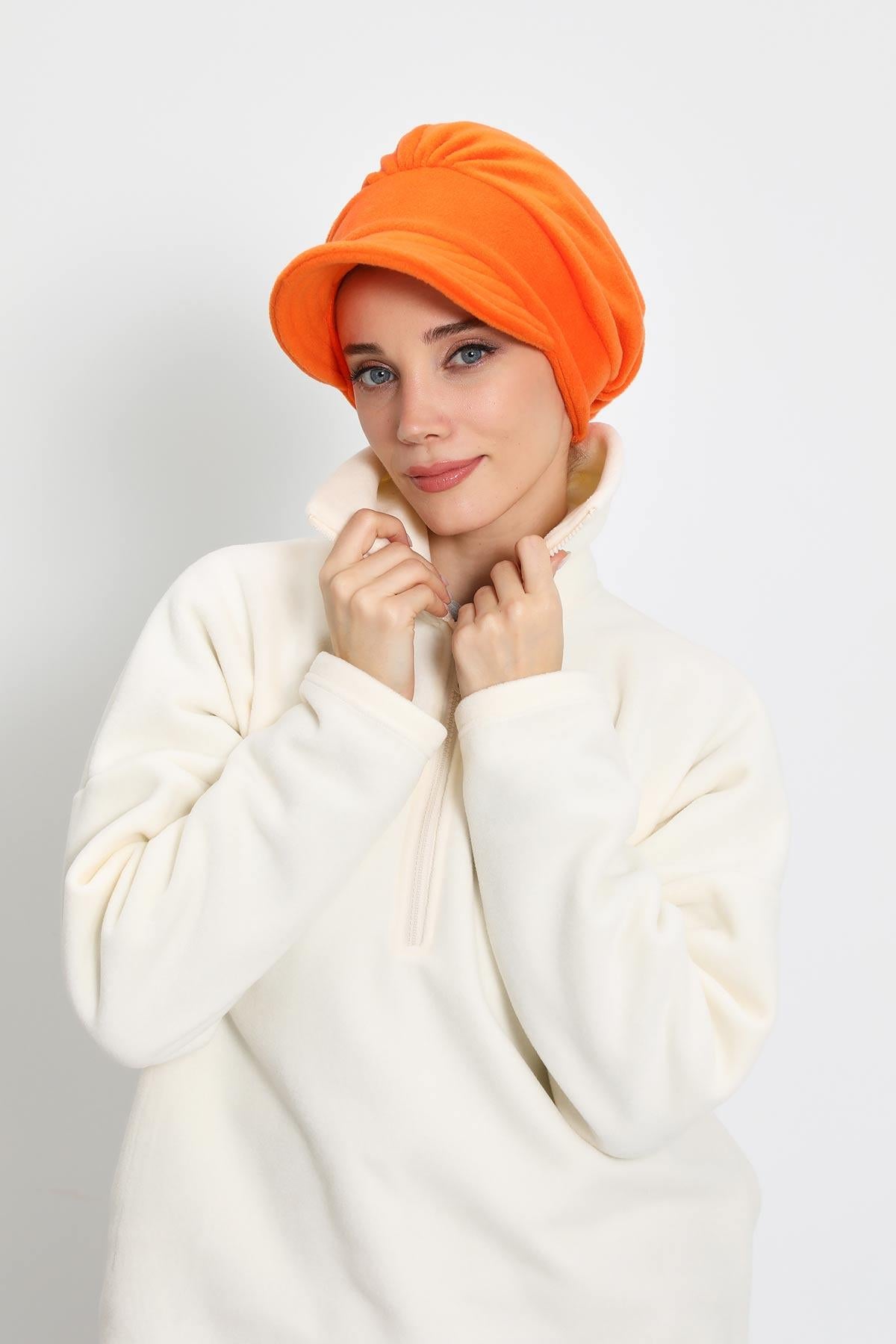 Women's Winter Fleece Visor Cap Turban, Visored Fleece Turban Hat for Women, Warm and Elegant Winter Cap,B-73PL Orange