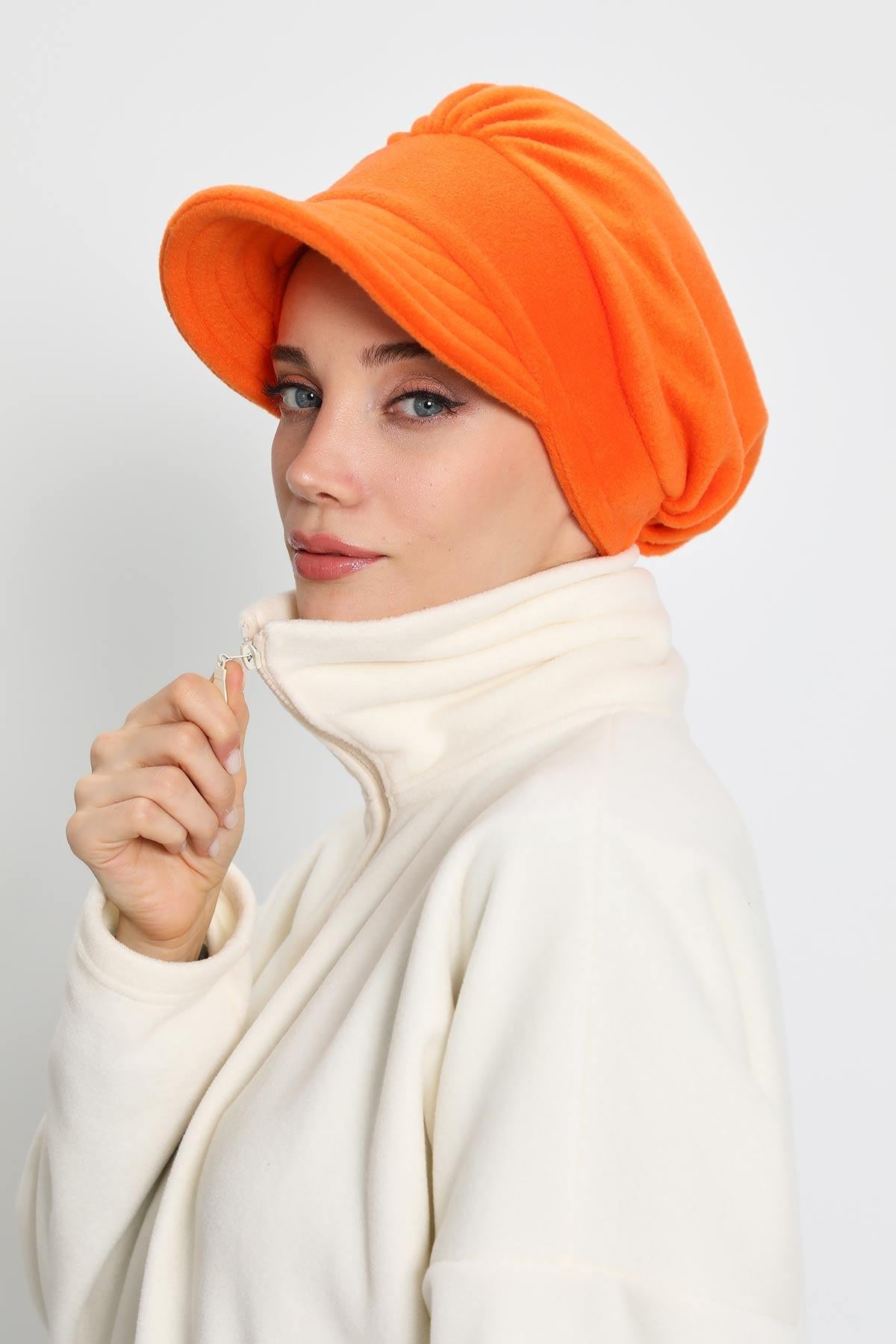 Women's Winter Fleece Visor Cap Turban, Visored Fleece Turban Hat for Women, Warm and Elegant Winter Cap,B-73PL Orange