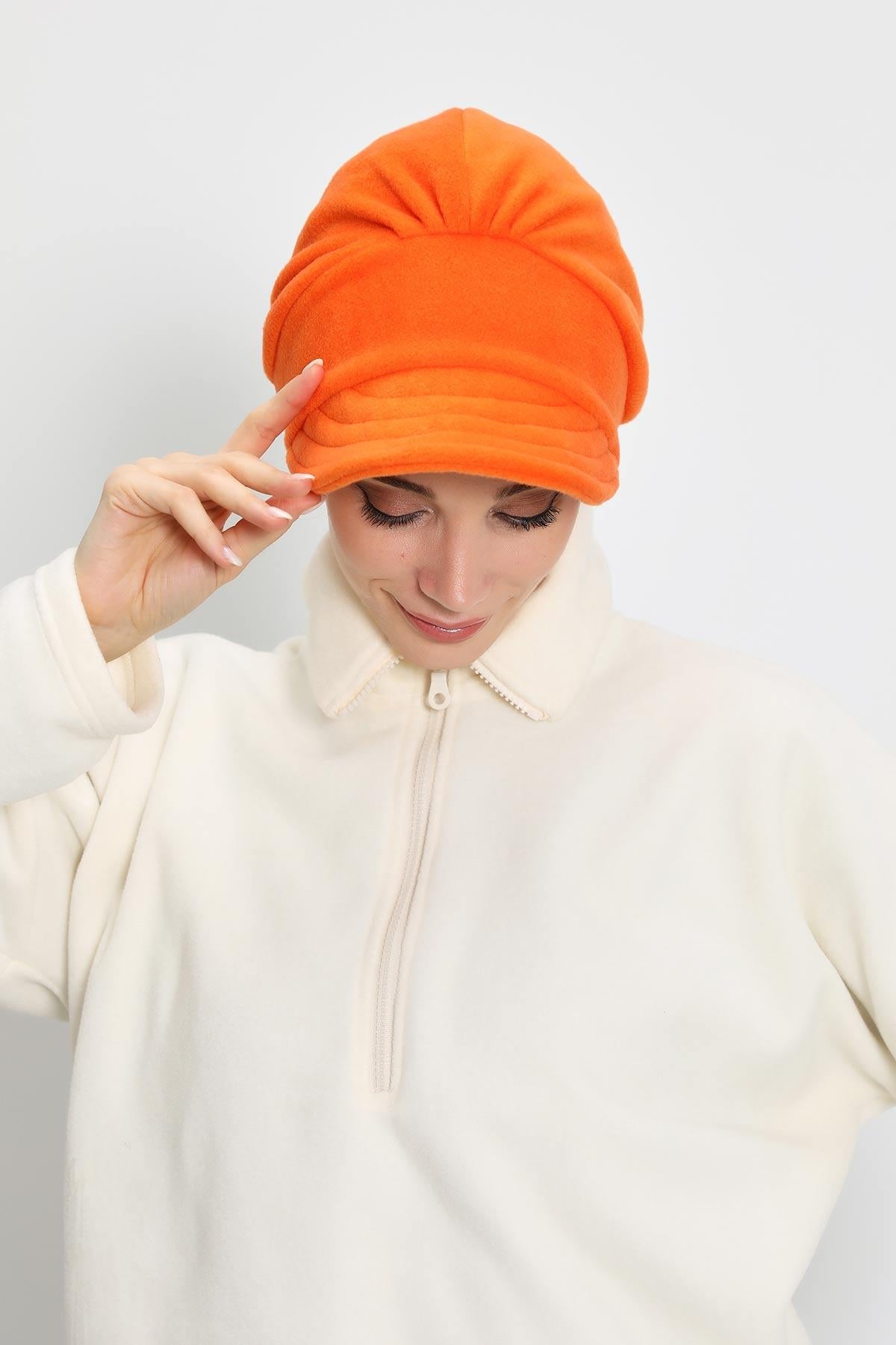 Women's Winter Fleece Visor Cap Turban, Visored Fleece Turban Hat for Women, Warm and Elegant Winter Cap,B-73PL Orange