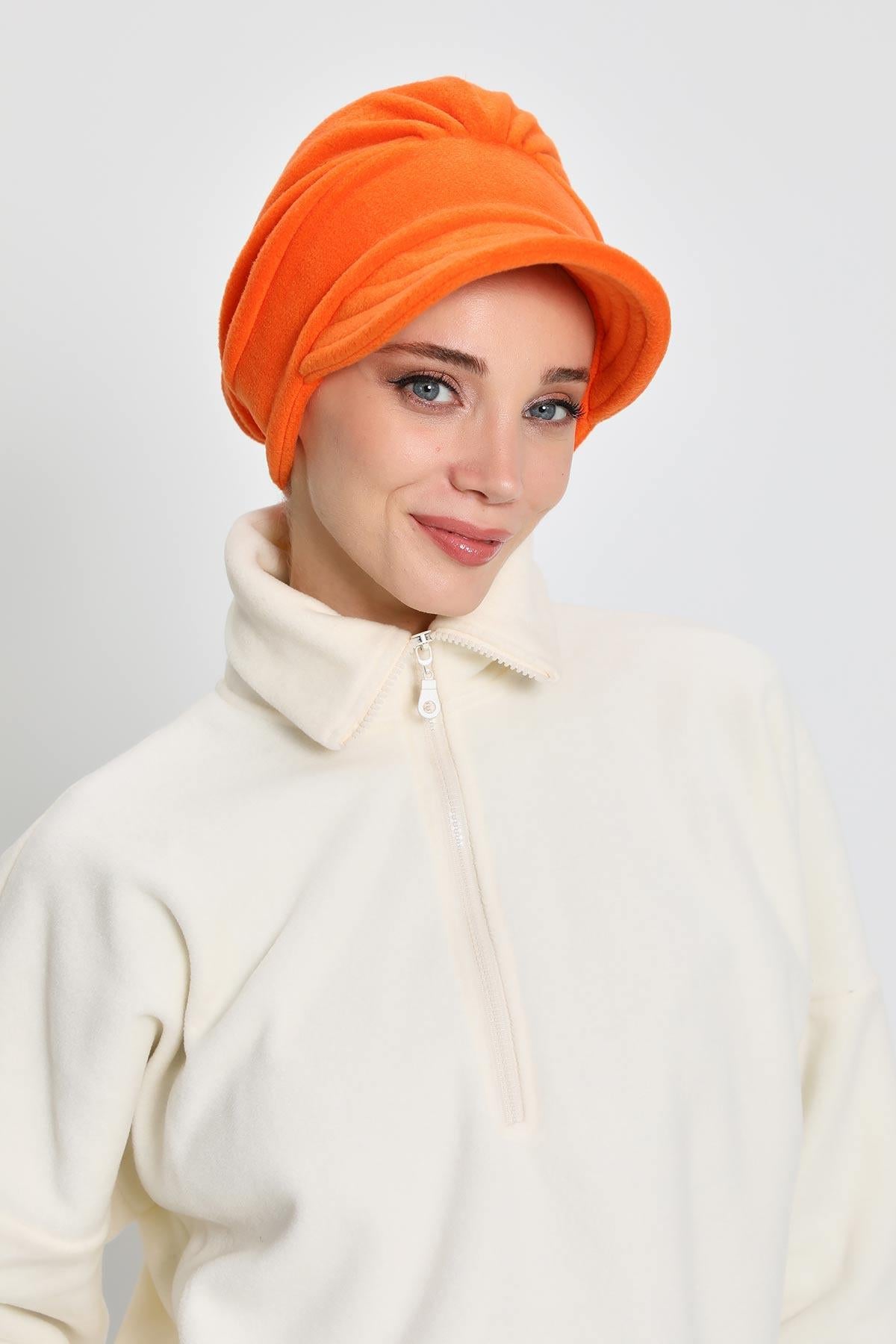 Women's Winter Fleece Visor Cap Turban, Visored Fleece Turban Hat for Women, Warm and Elegant Winter Cap,B-73PL Orange
