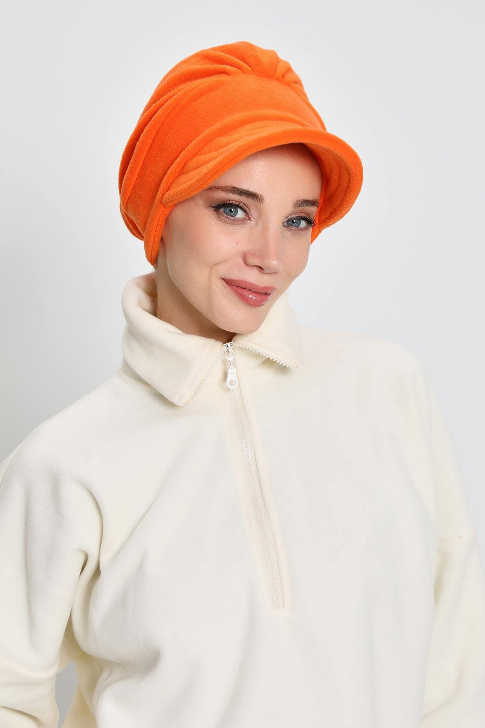 Women's Winter Fleece Visor Cap Turban, Visored Fleece Turban Hat for Women, Warm and Elegant Winter Cap,B-73PL Orange