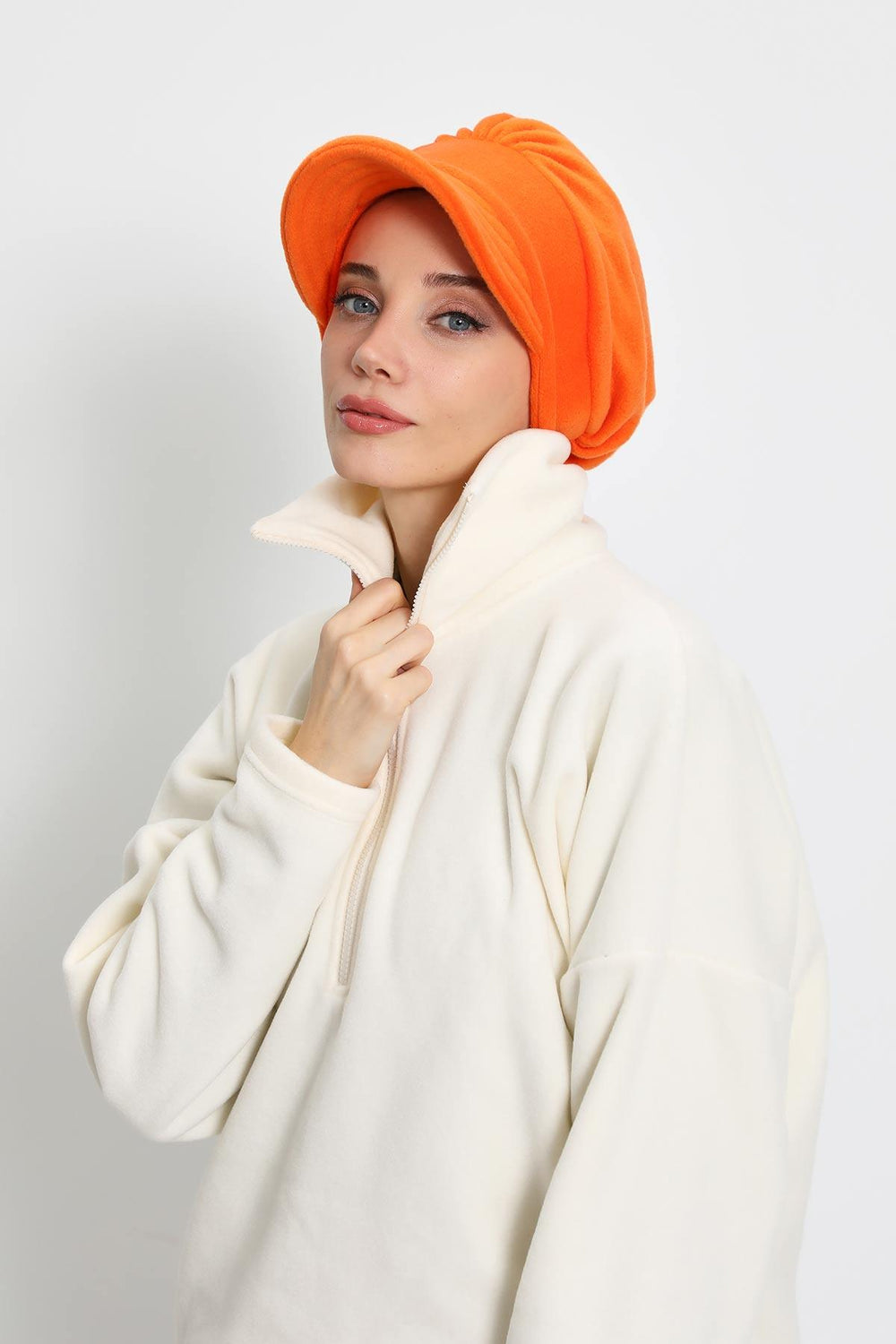 Women's Winter Fleece Visor Cap Turban, Visored Fleece Turban Hat for Women, Warm and Elegant Winter Cap,B-73PL Orange