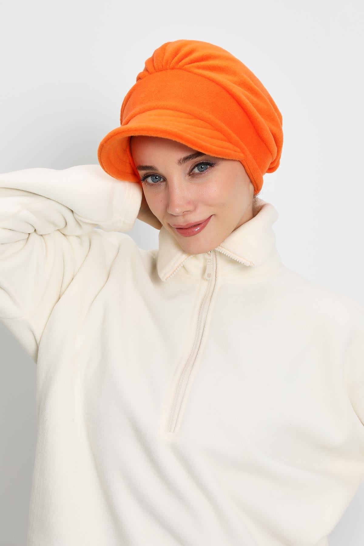 Women's Winter Fleece Visor Cap Turban, Visored Fleece Turban Hat for Women, Warm and Elegant Winter Cap,B-73PL Orange
