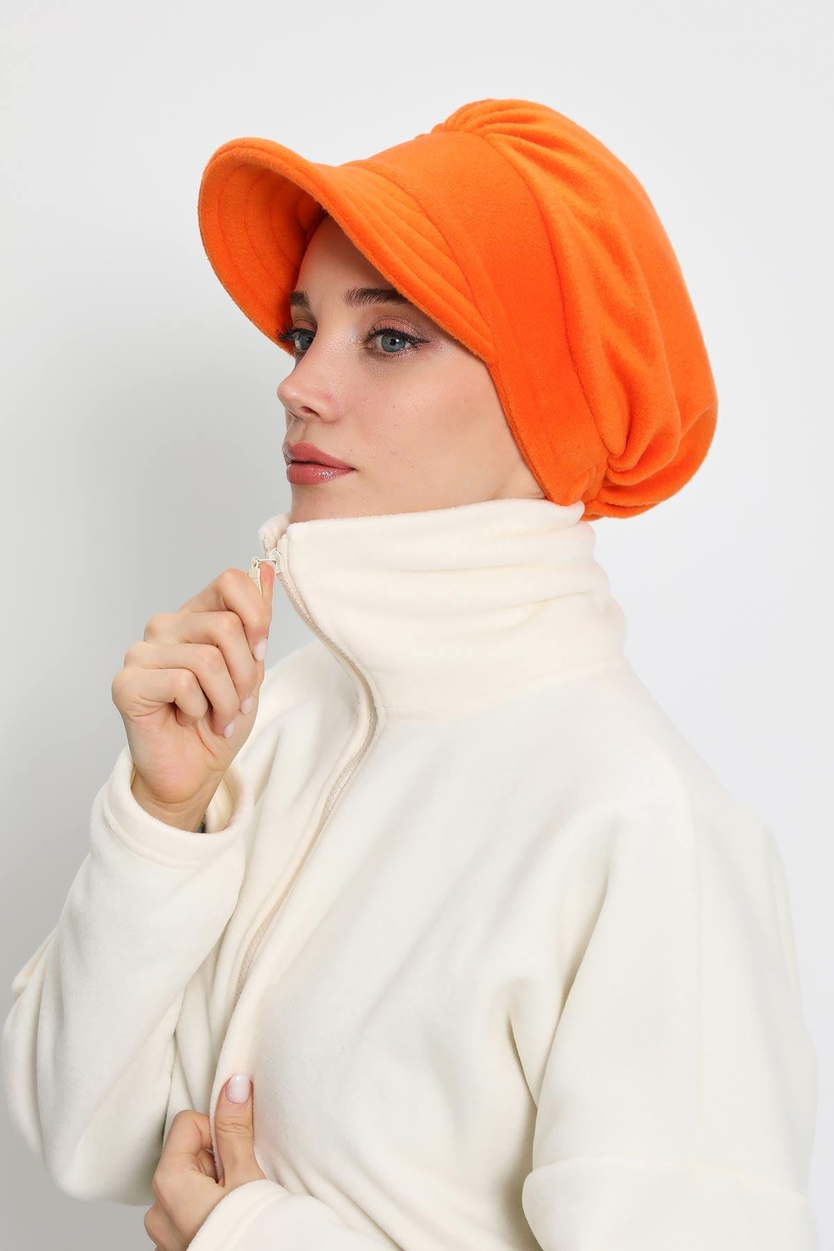 Women's Winter Fleece Visor Cap Turban, Visored Fleece Turban Hat for Women, Warm and Elegant Winter Cap,B-73PL Orange