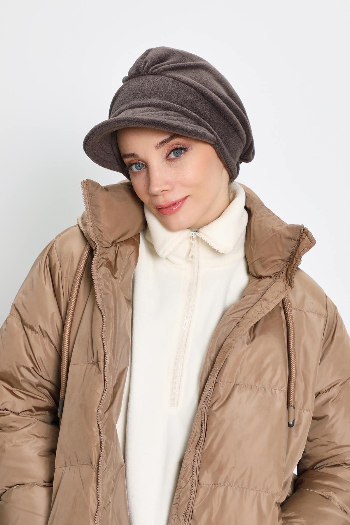 Women's Winter Fleece Visor Cap Turban, Visored Fleece Turban Hat for Women, Warm and Elegant Winter Cap,B-73PL Smoky Gray