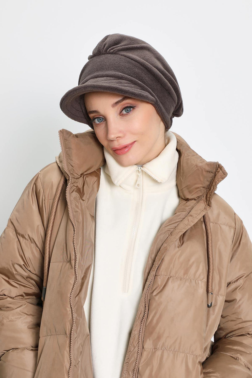 Women's Winter Fleece Visor Cap Turban, Visored Fleece Turban Hat for Women, Warm and Elegant Winter Cap,B-73PL Smoky Gray