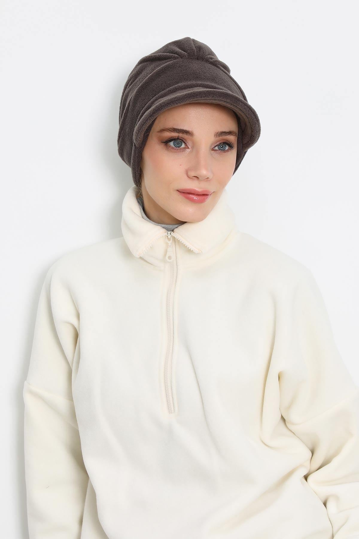 Women's Winter Fleece Visor Cap Turban, Visored Fleece Turban Hat for Women, Warm and Elegant Winter Cap,B-73PL Smoky Gray