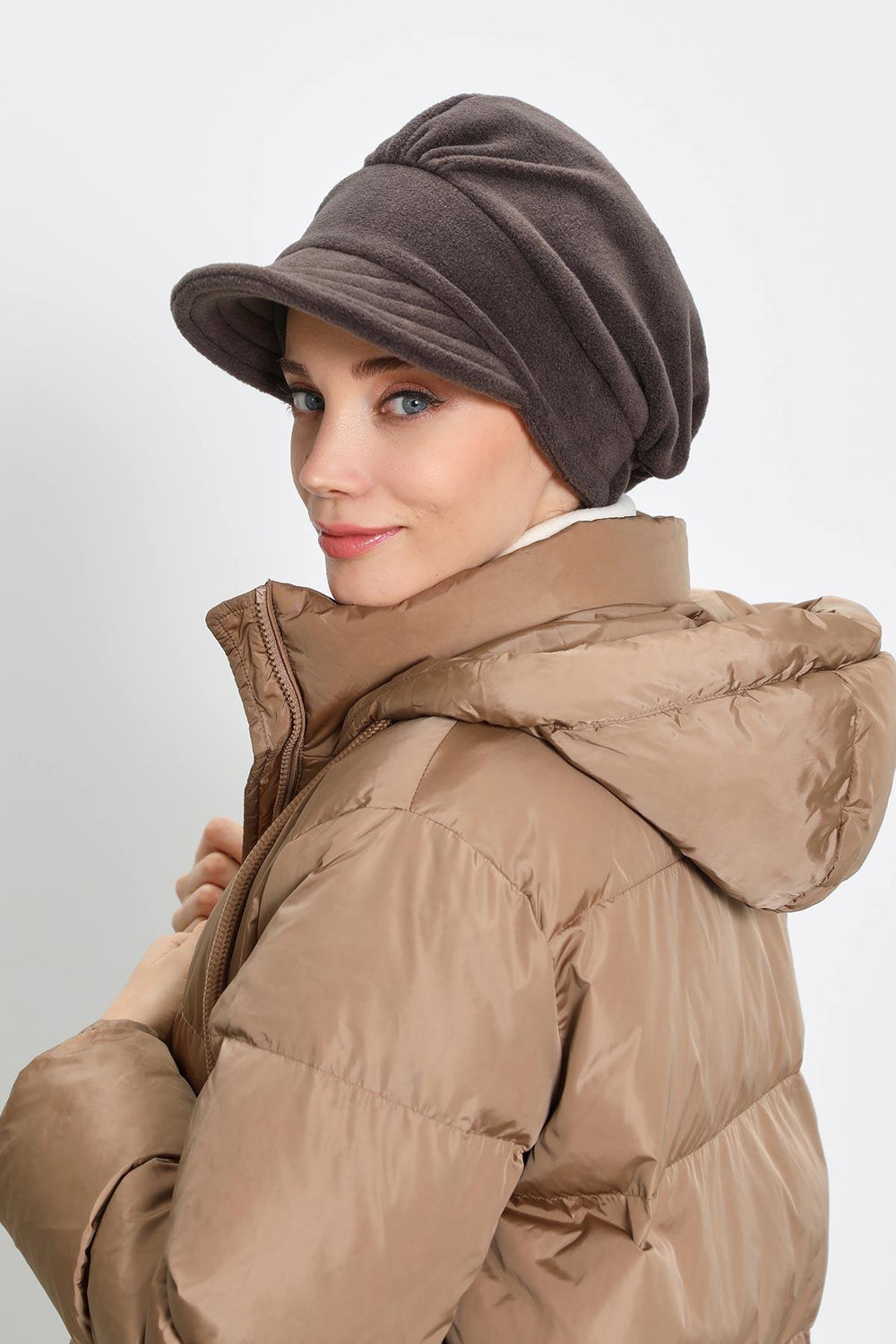 Women's Winter Fleece Visor Cap Turban, Visored Fleece Turban Hat for Women, Warm and Elegant Winter Cap,B-73PL Smoky Gray